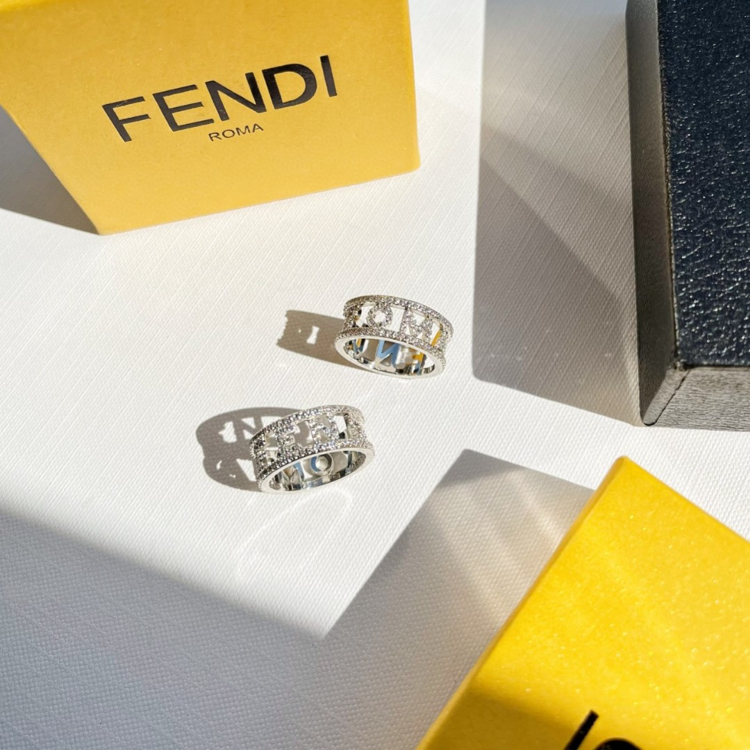 Fendi Fendigraphy Logo Cutout Pave Ring ring Silver-toned metal with clear pave crystals US 6