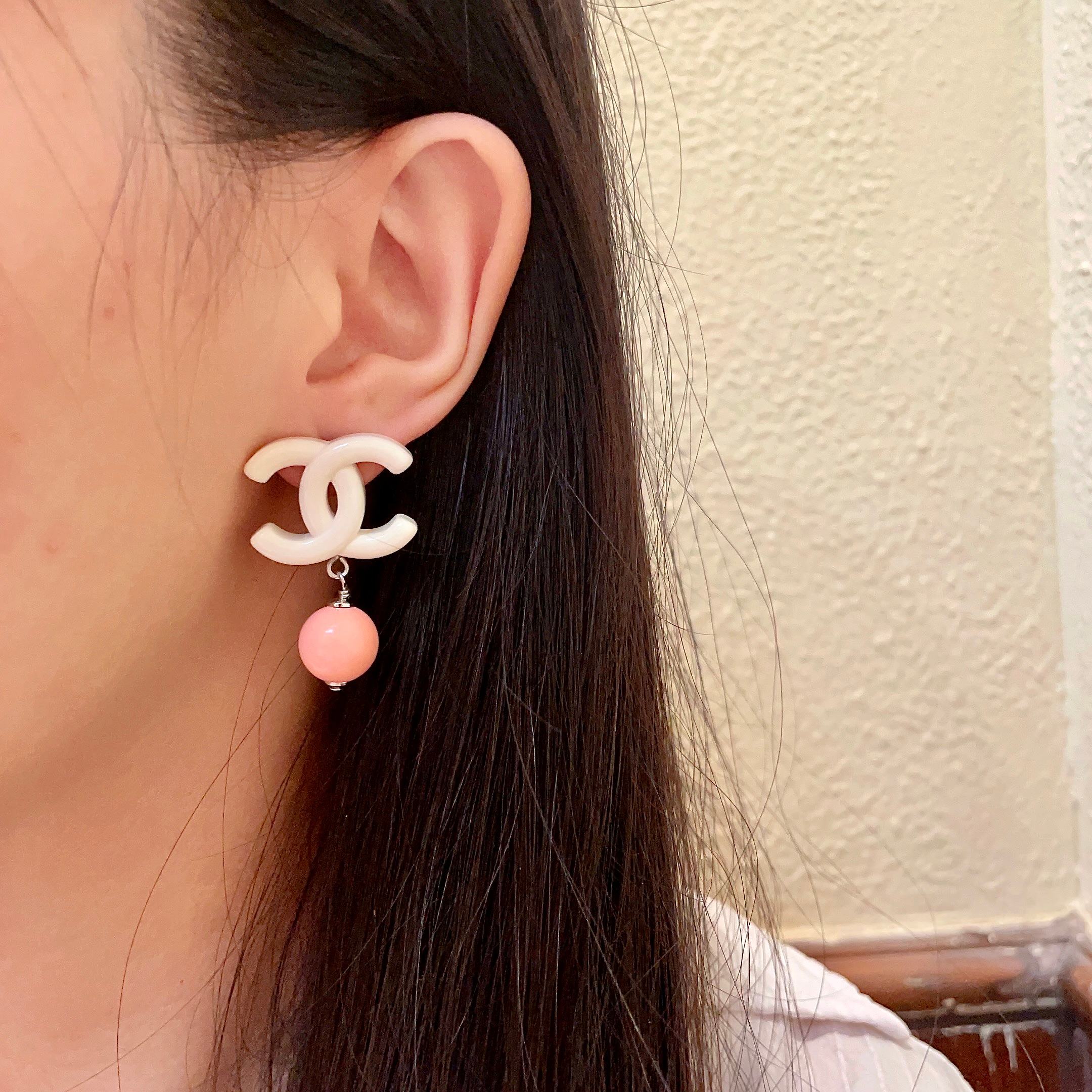 Chanel CC Logo Drop Earrings earrings Cream white resin CC logo coral pink resin bead silver tone metal hardware One Size post style total drop length approx 2 5cm