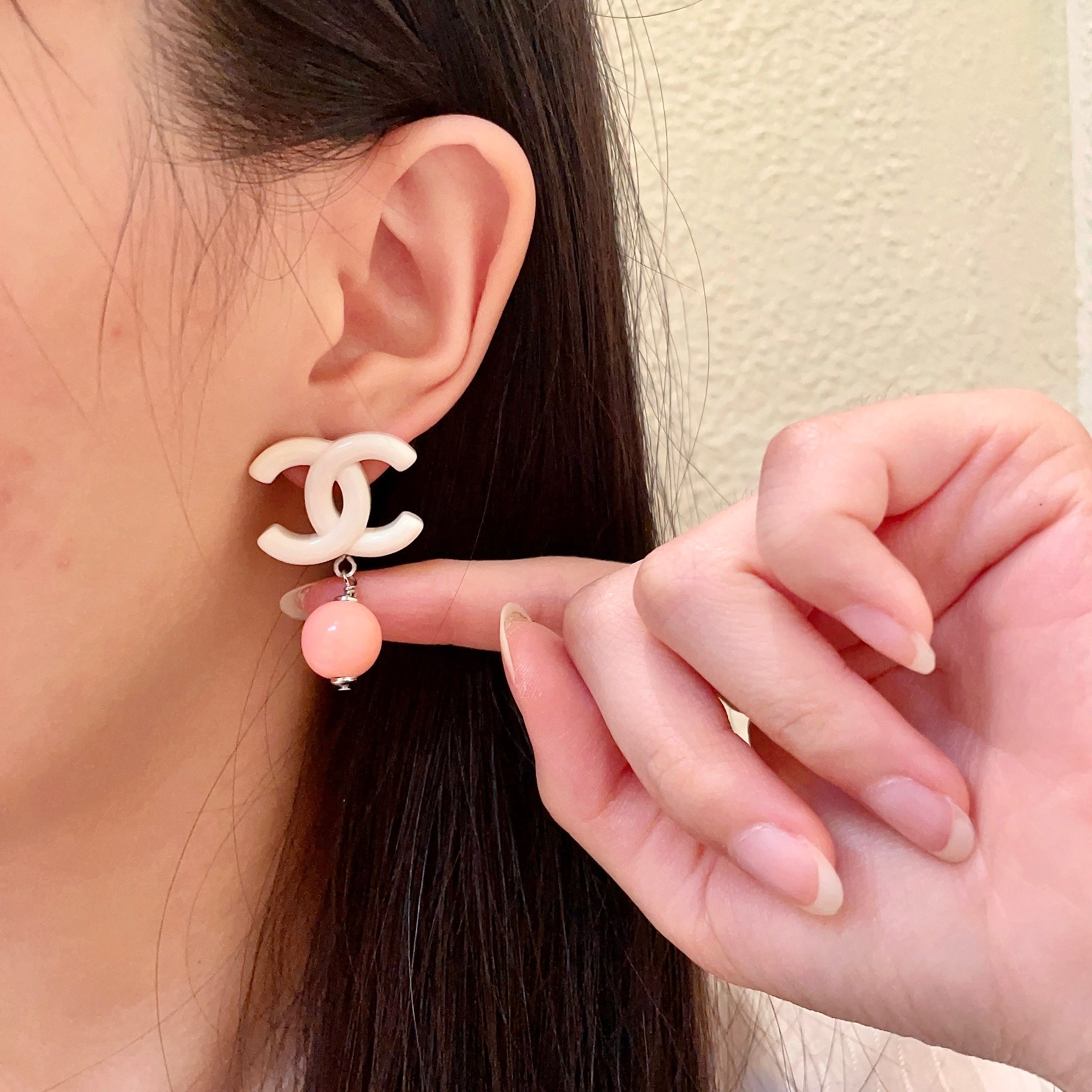 Chanel CC Logo Drop Earrings earrings Cream white resin CC logo coral pink resin bead silver tone metal hardware One Size post style total drop length approx 2 5cm