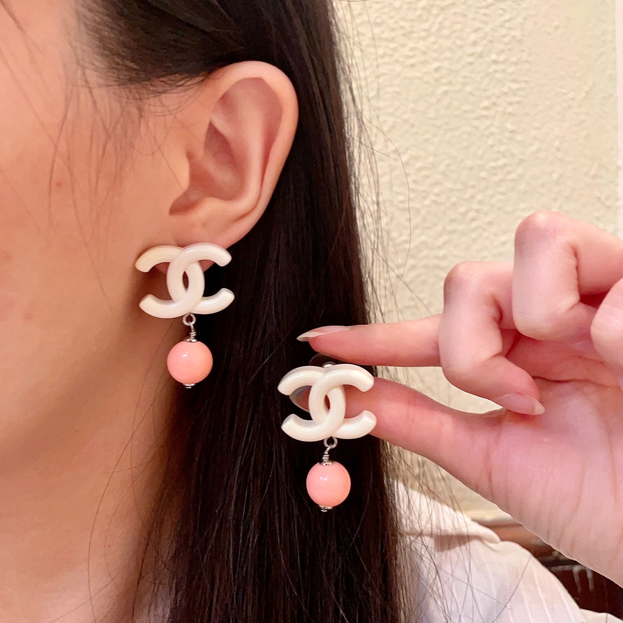 Chanel CC Logo Drop Earrings earrings Cream white resin CC logo coral pink resin bead silver tone metal hardware One Size post style total drop length approx 2 5cm