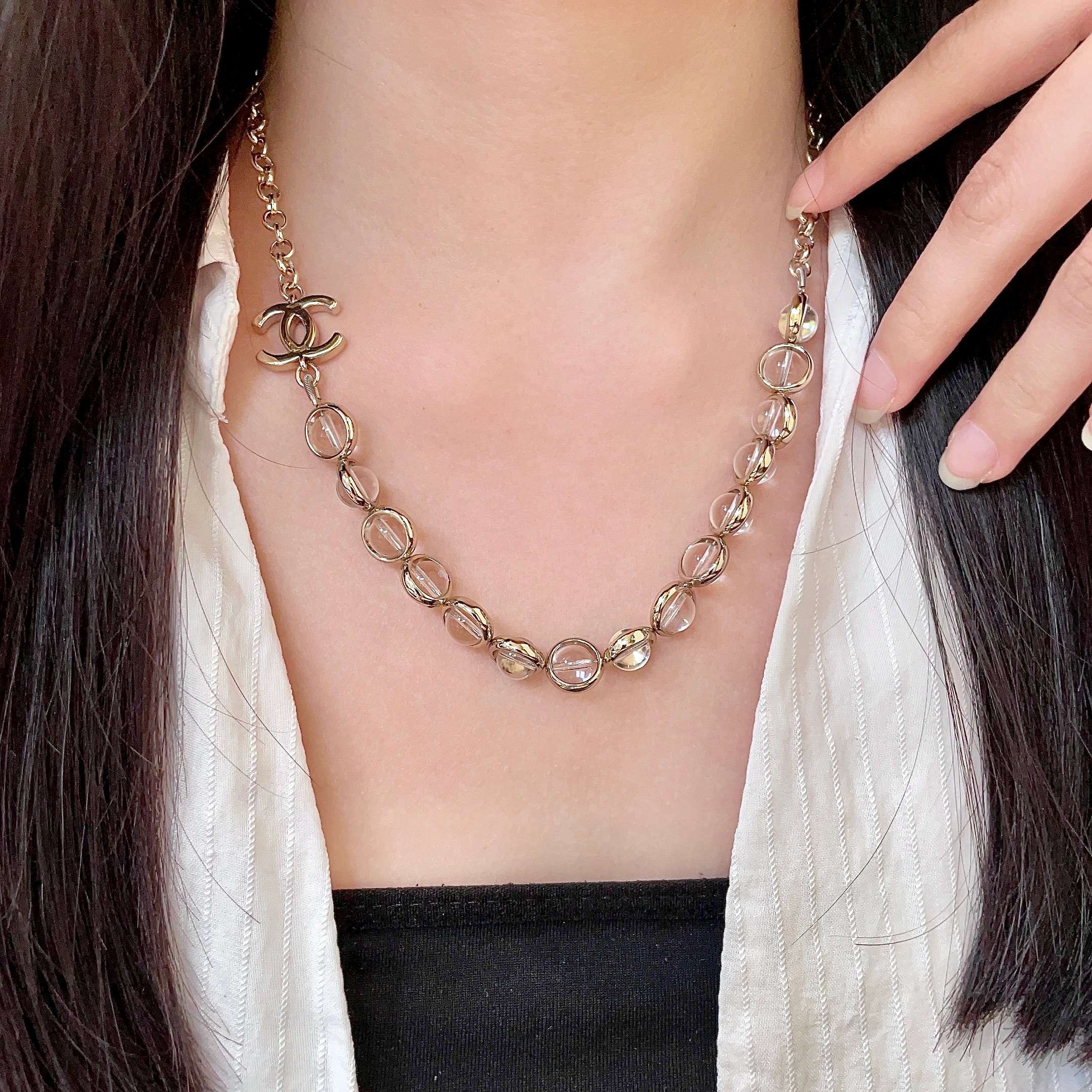 Chanel CC Logo Transparent Bead Choker necklace Light gold-tone metal with clear transparent resin beads 40cm