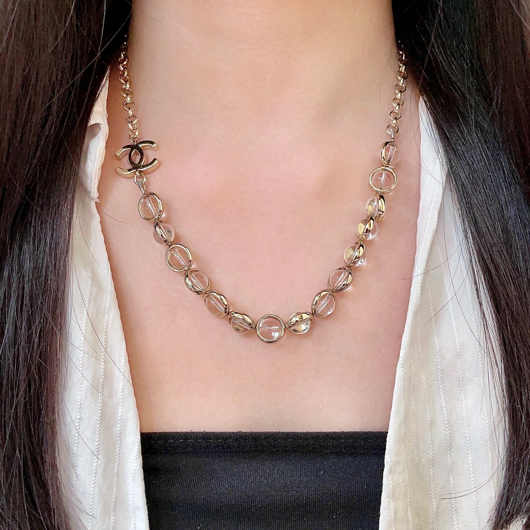 Chanel CC Logo Transparent Bead Choker necklace Light gold-tone metal with clear transparent resin beads 40cm