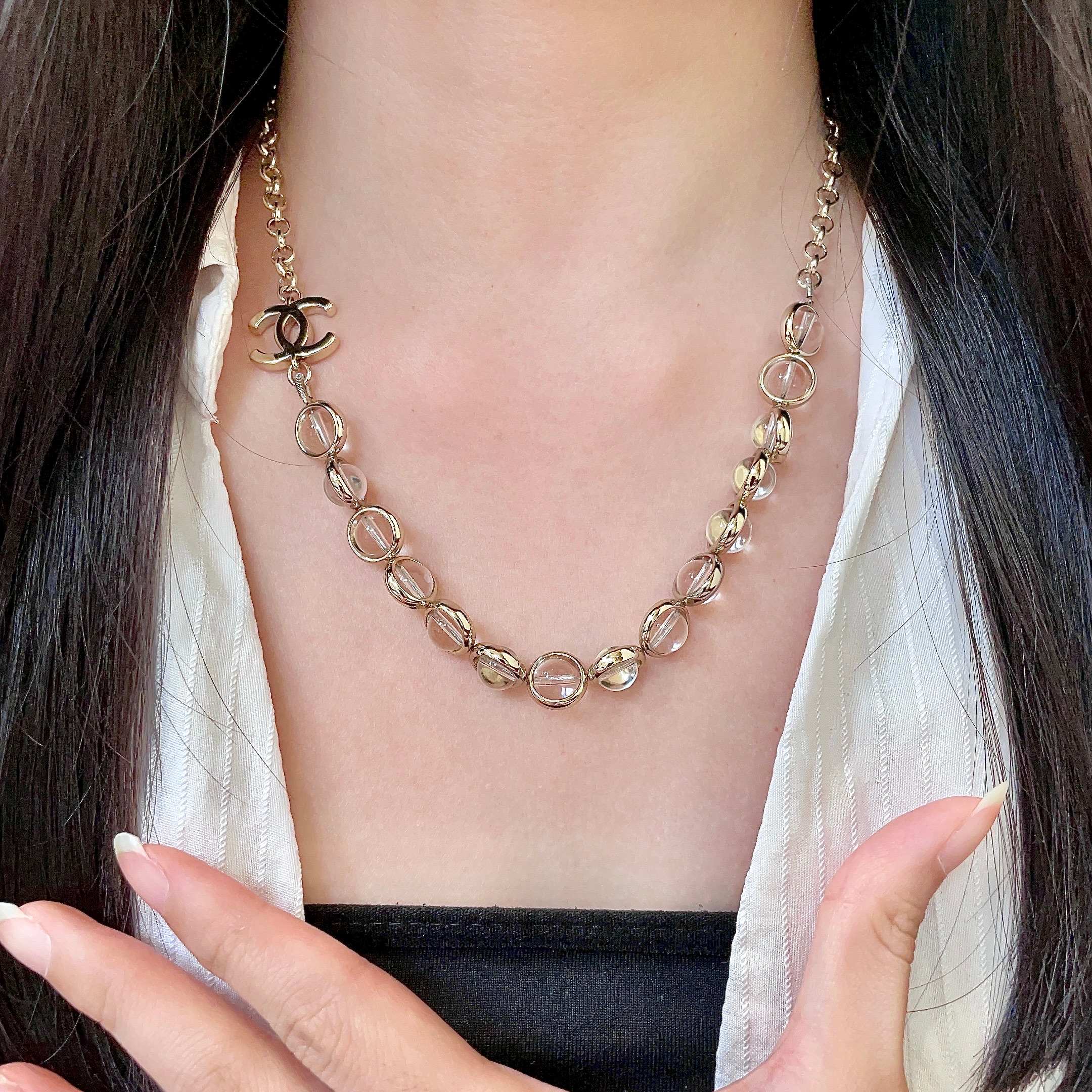 Chanel CC Logo Transparent Bead Choker necklace Light gold-tone metal with clear transparent resin beads 40cm