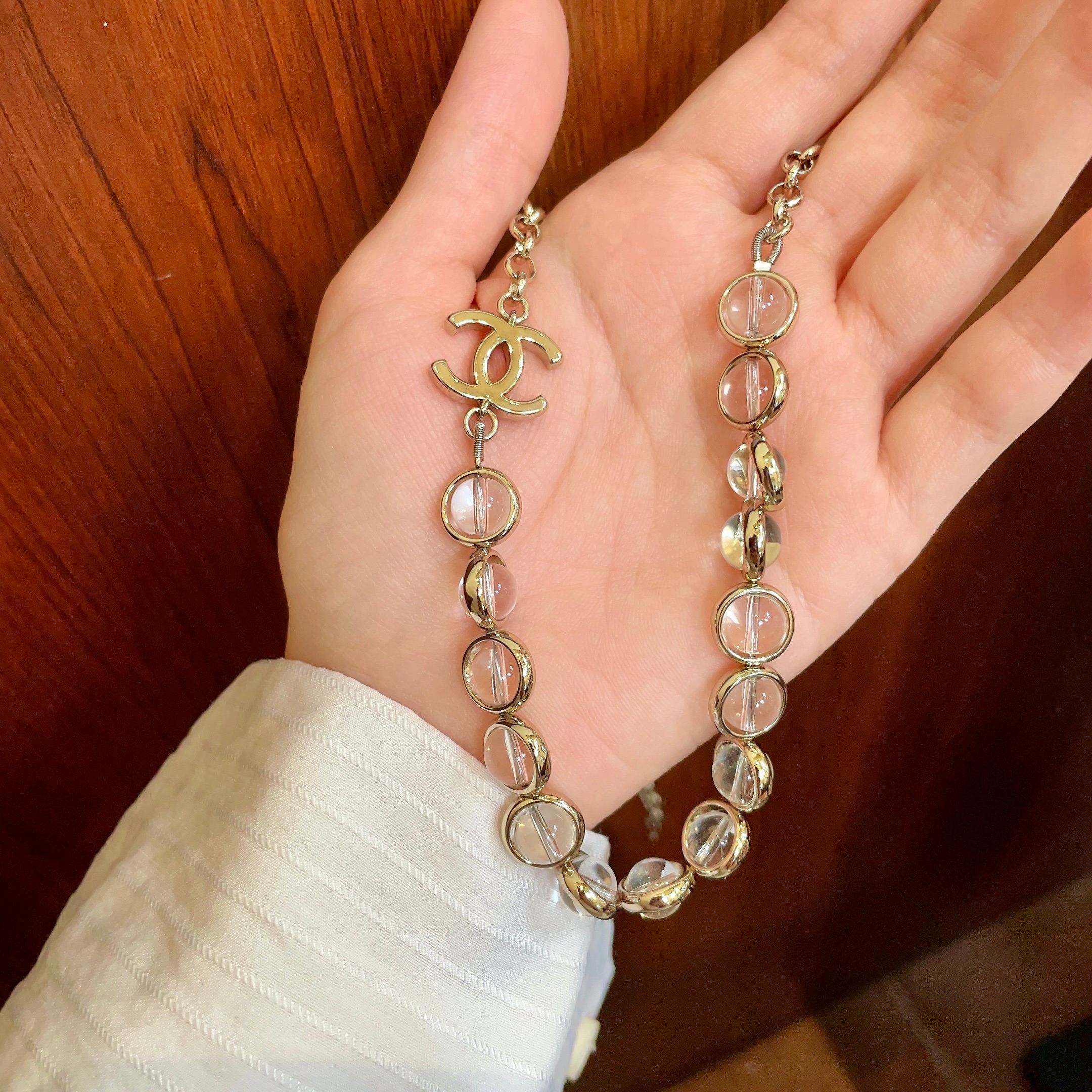 Chanel CC Logo Transparent Bead Choker necklace Light gold-tone metal with clear transparent resin beads 40cm