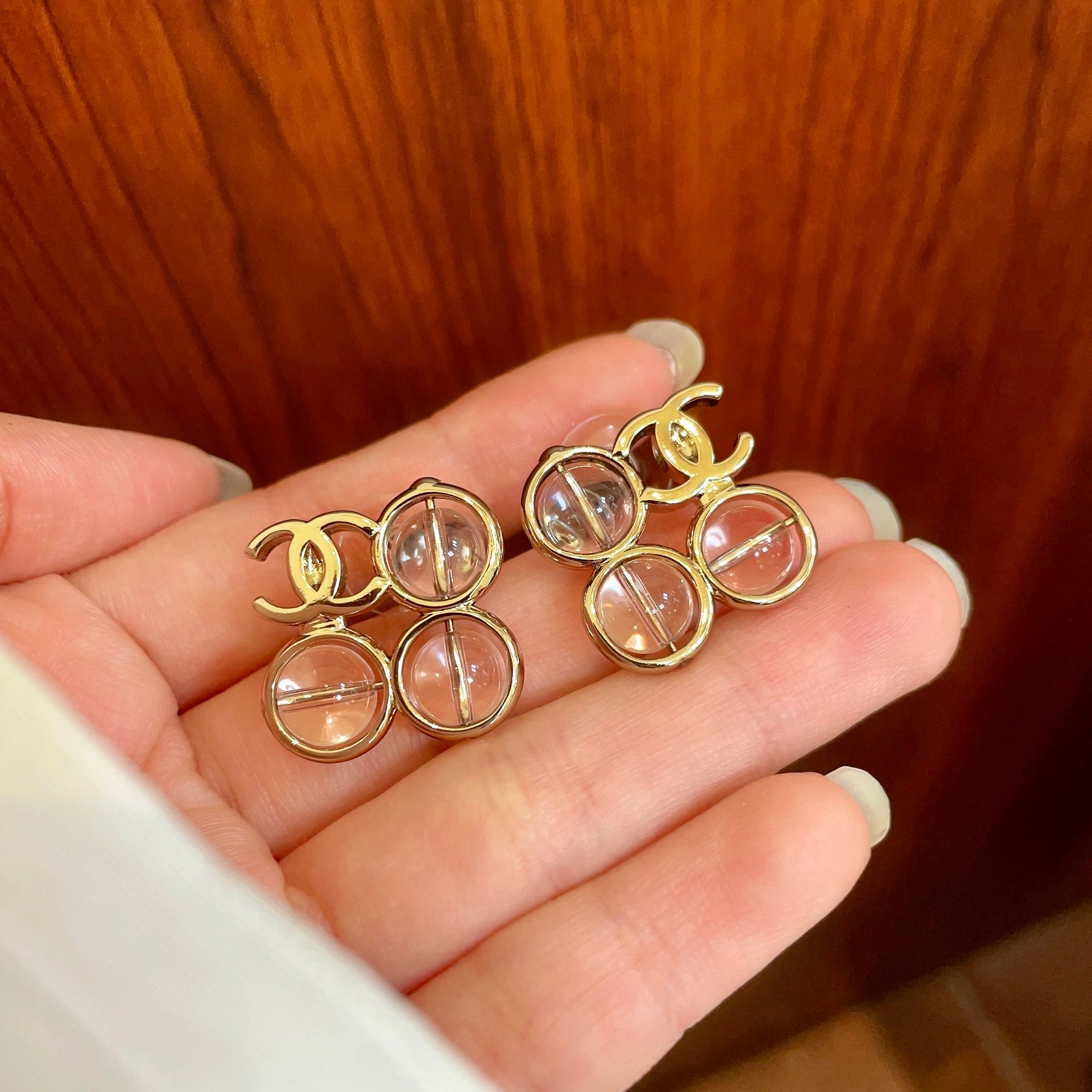 Chanel CC Logo Transparent Lucite Circle Stud Earrings earrings light gold tone metal with clear transparent resin stones 1 5cm diameter per earring