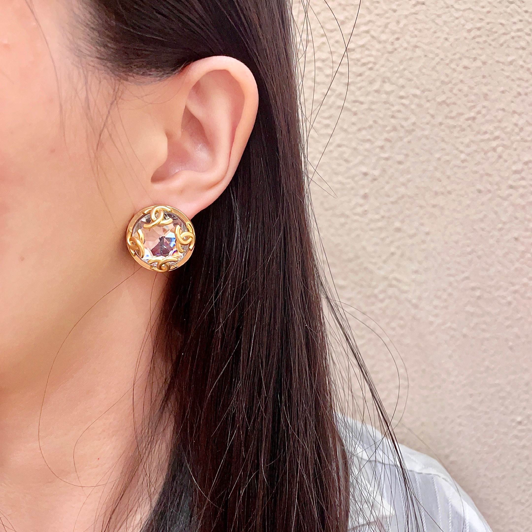Chanel CC Logo Faceted Crystal Round Stud Earrings earrings Gold-tone metal with clear faceted crystal 2cm diameter