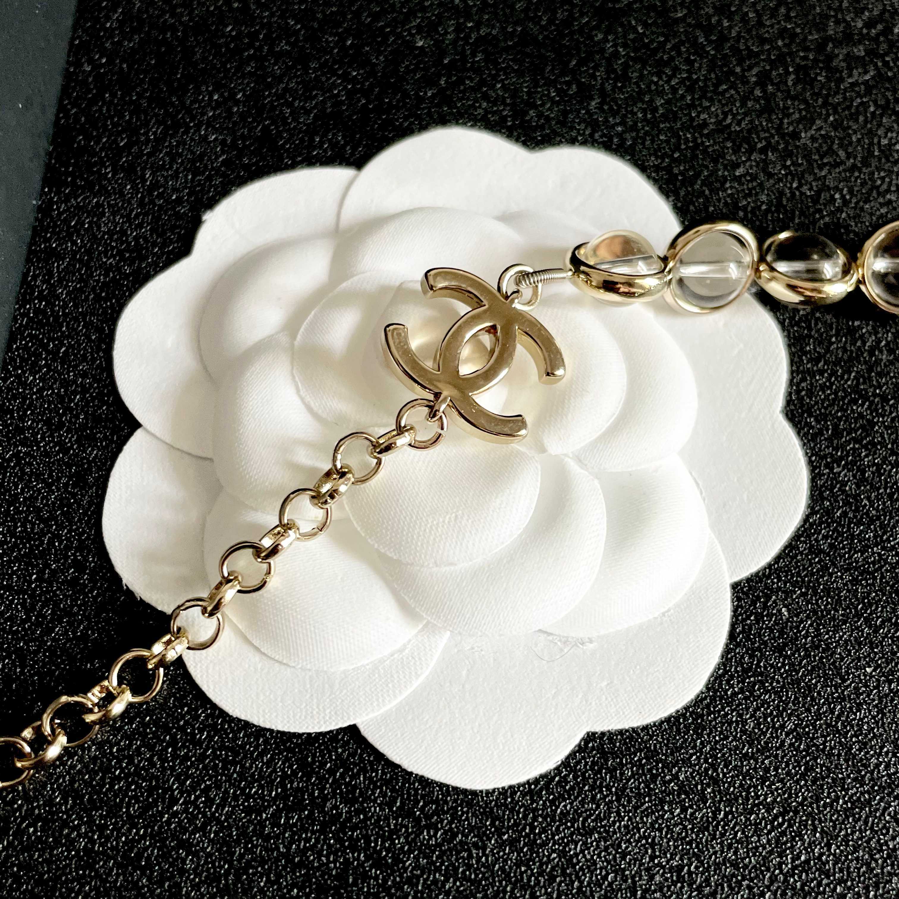 Chanel CC Logo Transparent Bead Choker necklace Light gold-tone metal with clear transparent resin beads 40cm