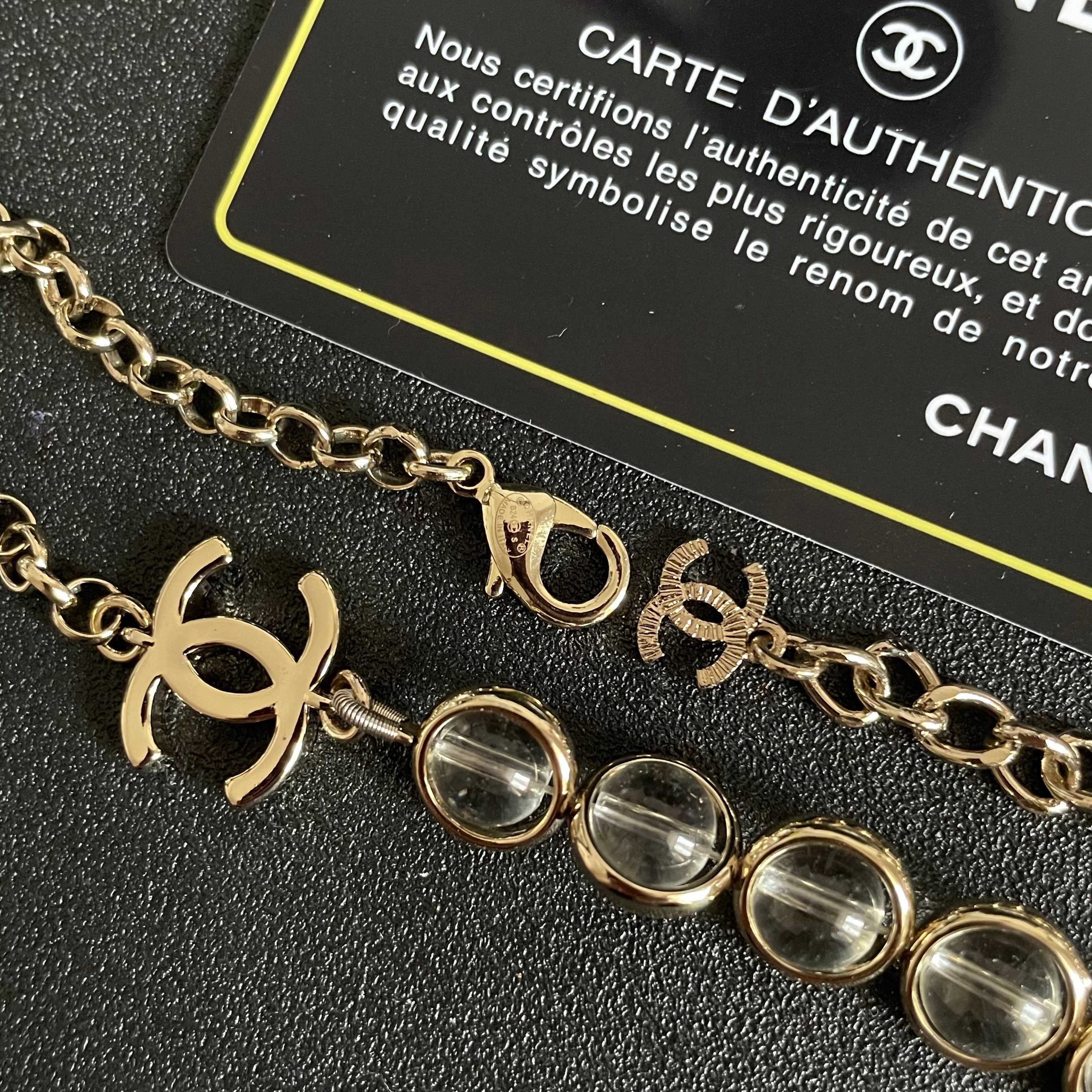 Chanel CC Logo Transparent Bead Choker necklace Light gold-tone metal with clear transparent resin beads 40cm