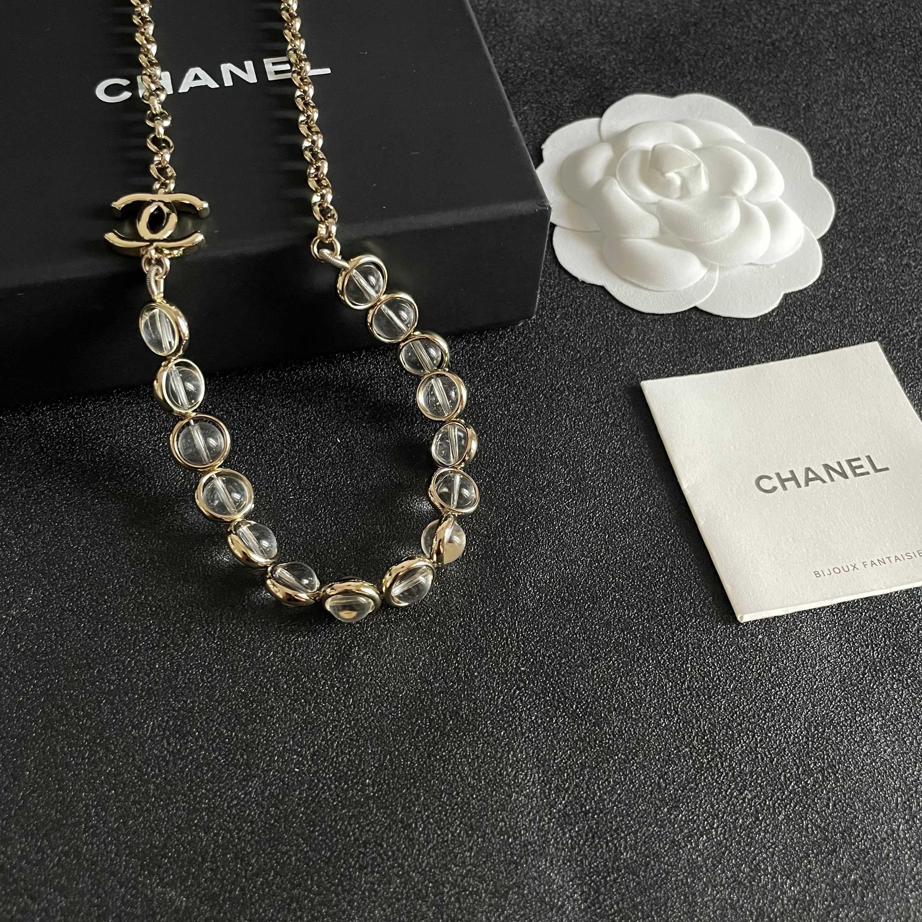Chanel CC Logo Transparent Bead Choker necklace Light gold-tone metal with clear transparent resin beads 40cm