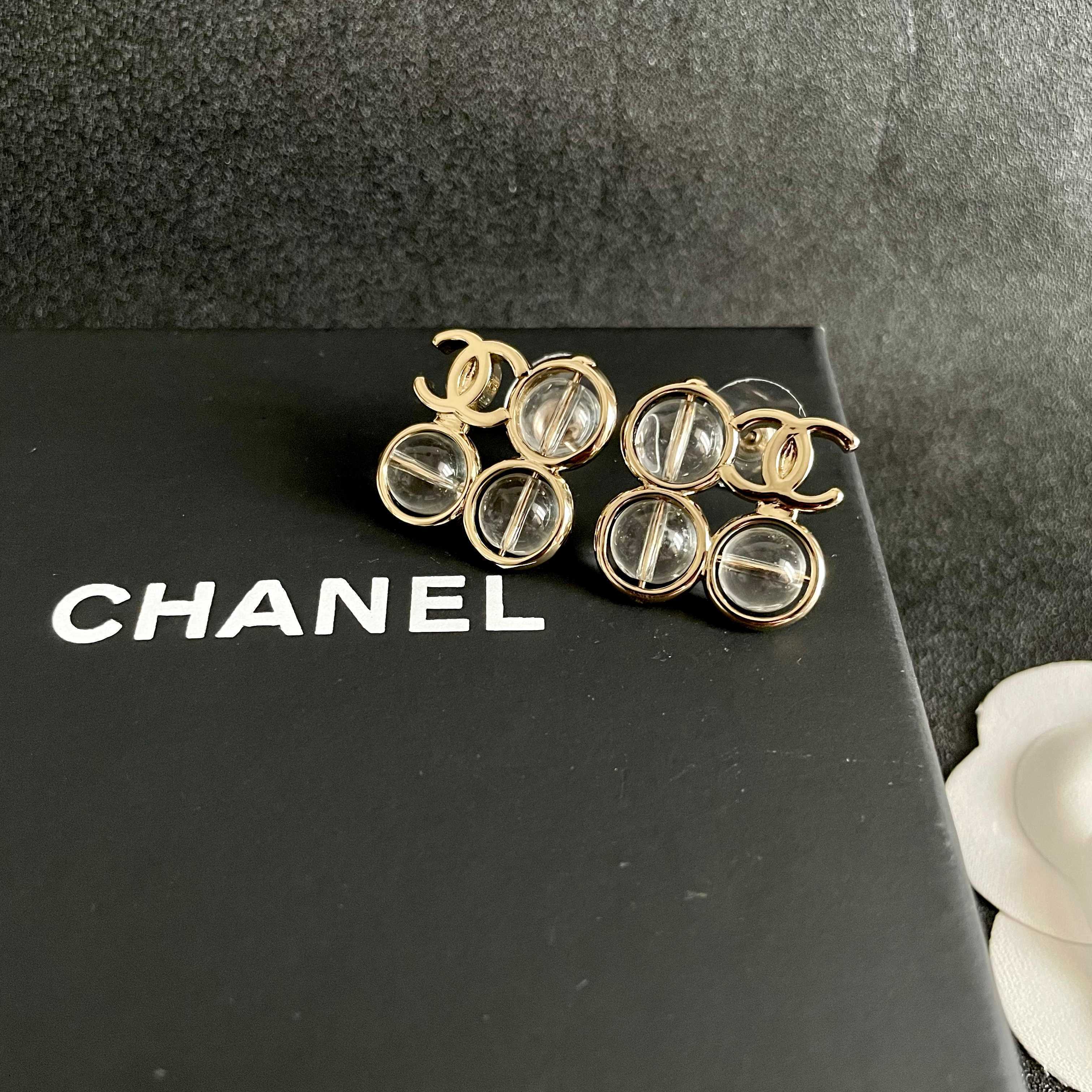 Chanel CC Logo Transparent Lucite Circle Stud Earrings earrings light gold tone metal with clear transparent resin stones 1 5cm diameter per earring