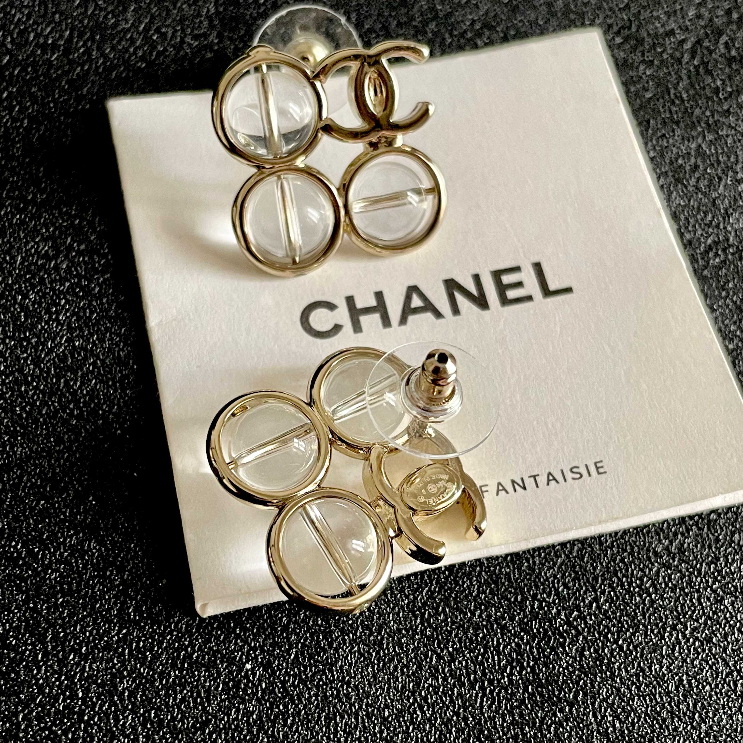 Chanel CC Logo Transparent Lucite Circle Stud Earrings earrings light gold tone metal with clear transparent resin stones 1 5cm diameter per earring