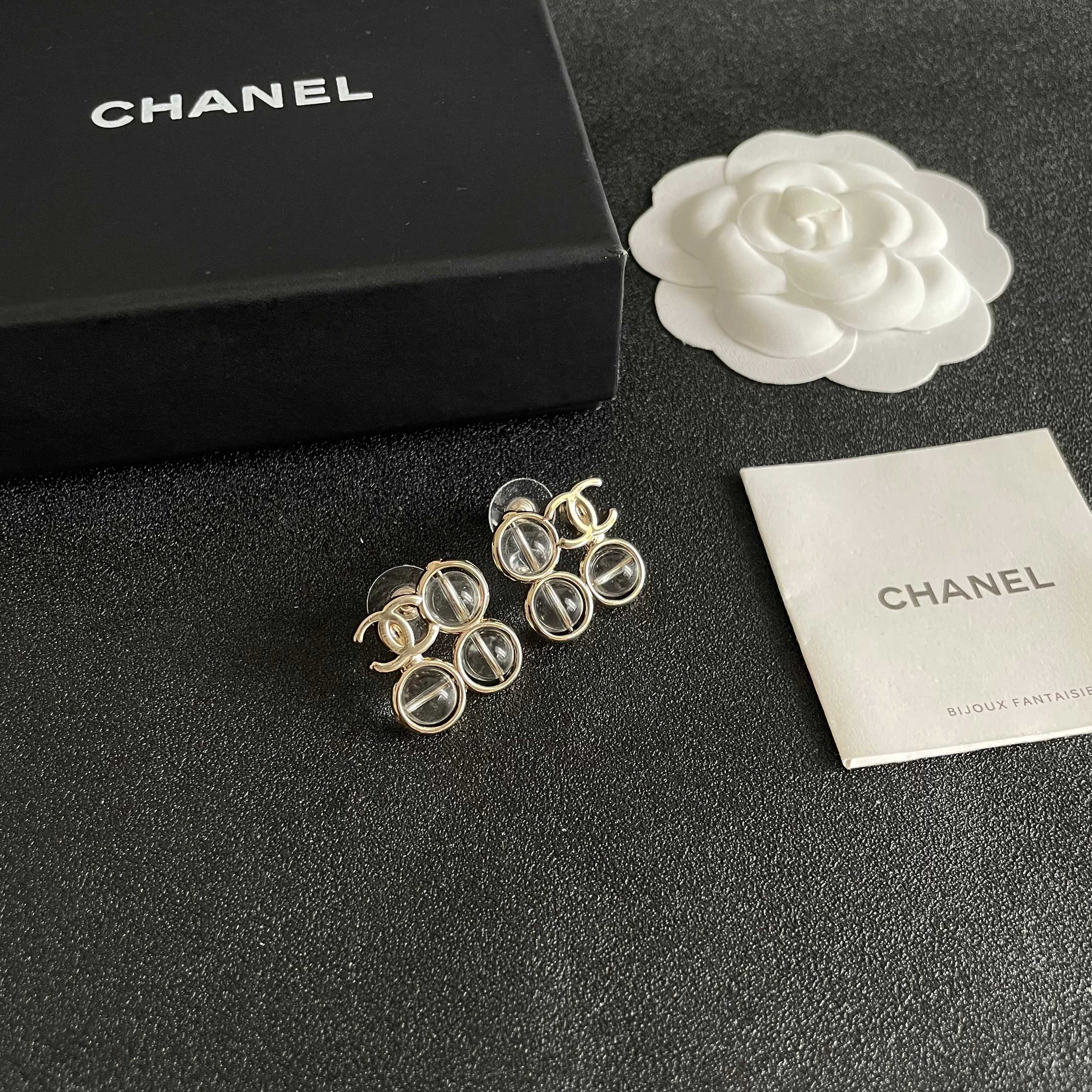 Chanel CC Logo Transparent Lucite Circle Stud Earrings earrings light gold tone metal with clear transparent resin stones 1 5cm diameter per earring