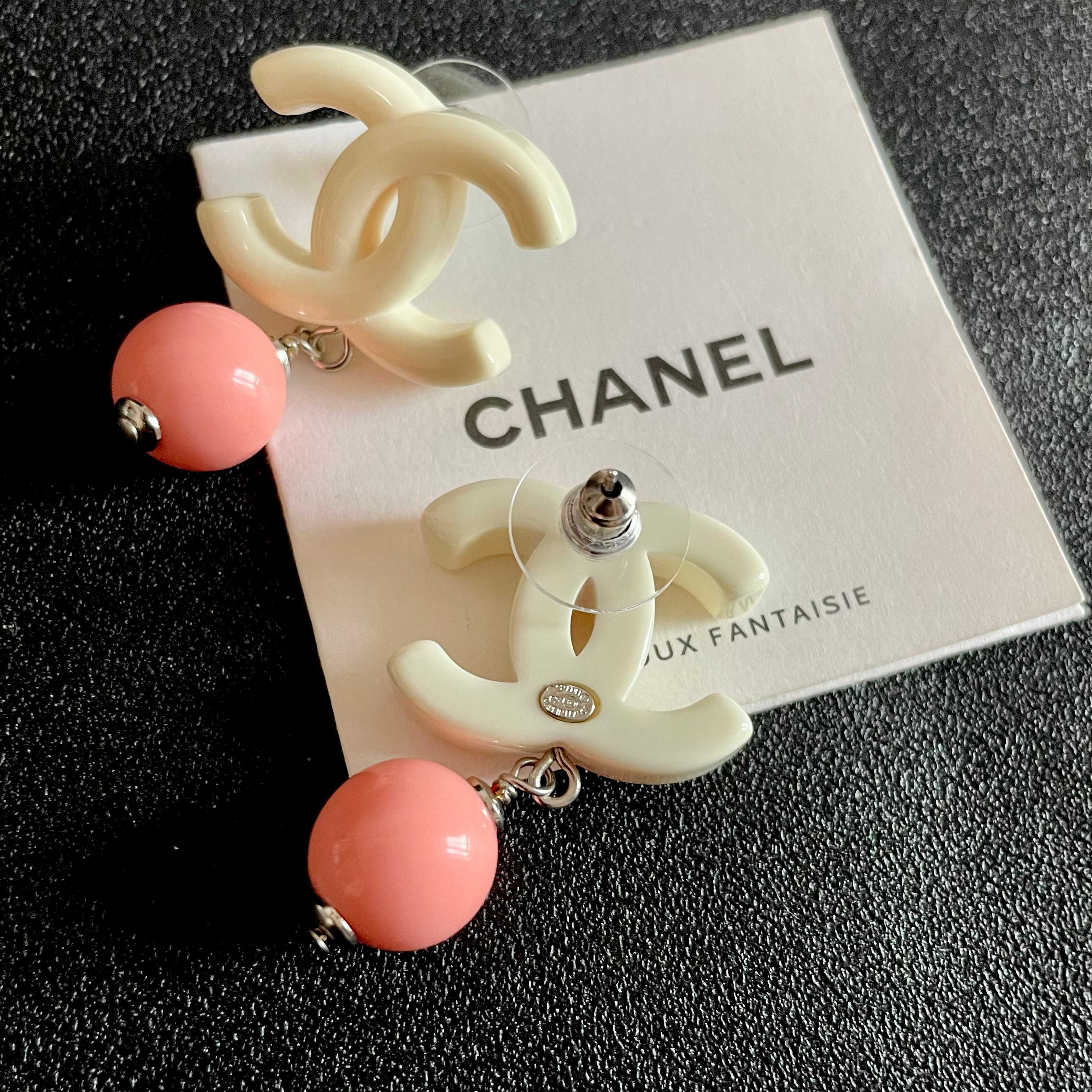 Chanel CC Logo Drop Earrings earrings Cream white resin CC logo coral pink resin bead silver tone metal hardware One Size post style total drop length approx 2 5cm