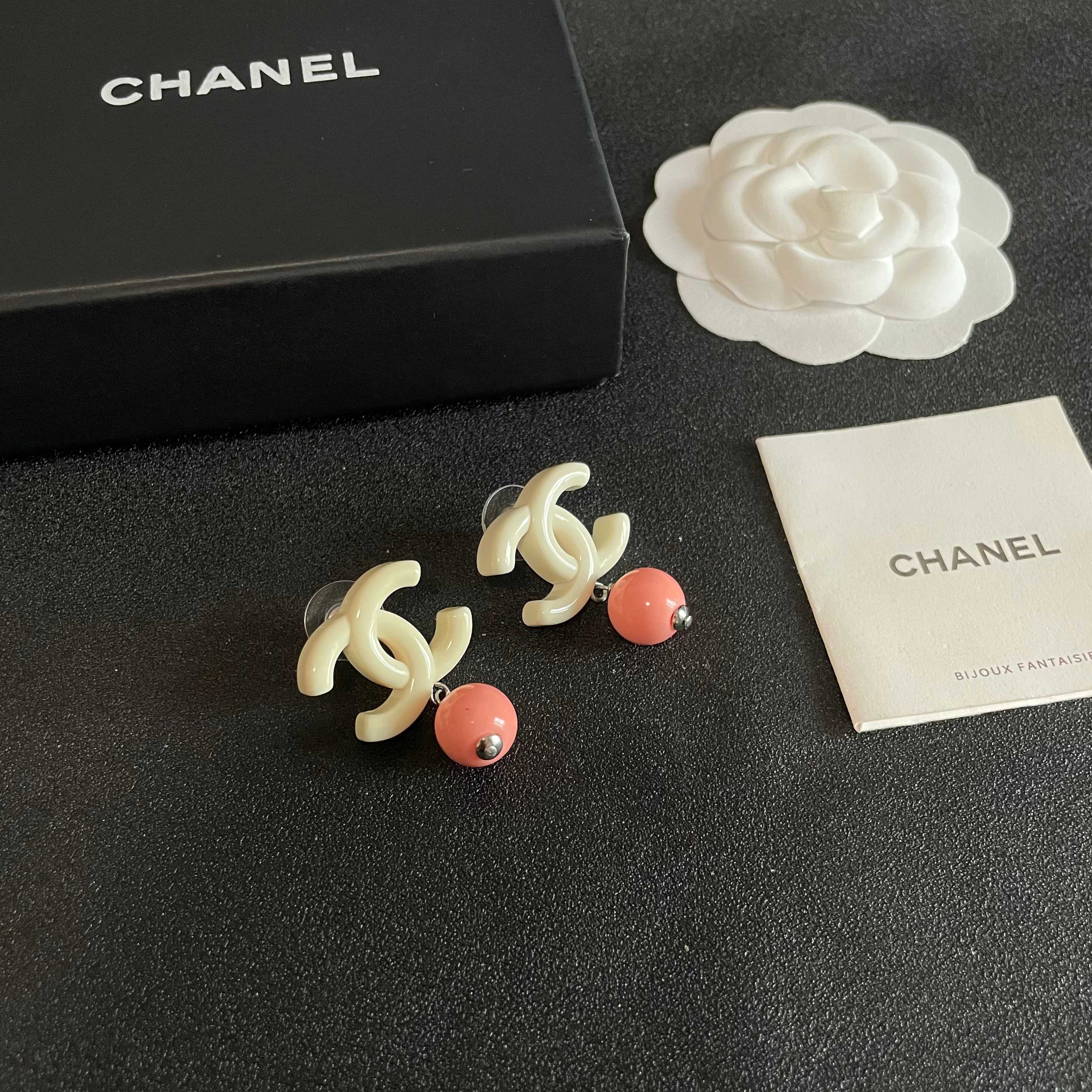 Chanel CC Logo Drop Earrings earrings Cream white resin CC logo coral pink resin bead silver tone metal hardware One Size post style total drop length approx 2 5cm
