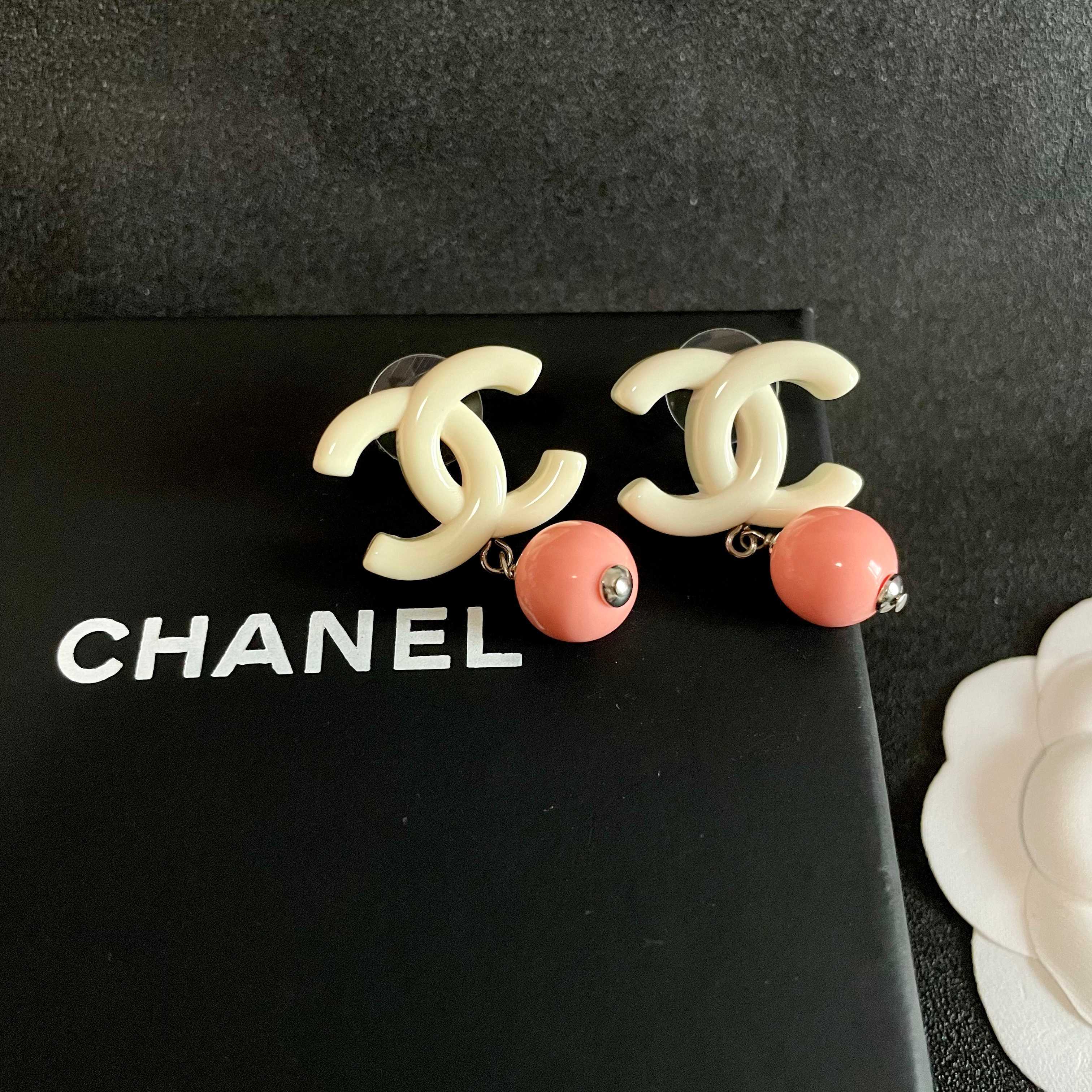 Chanel CC Logo Drop Earrings earrings Cream white resin CC logo coral pink resin bead silver tone metal hardware One Size post style total drop length approx 2 5cm