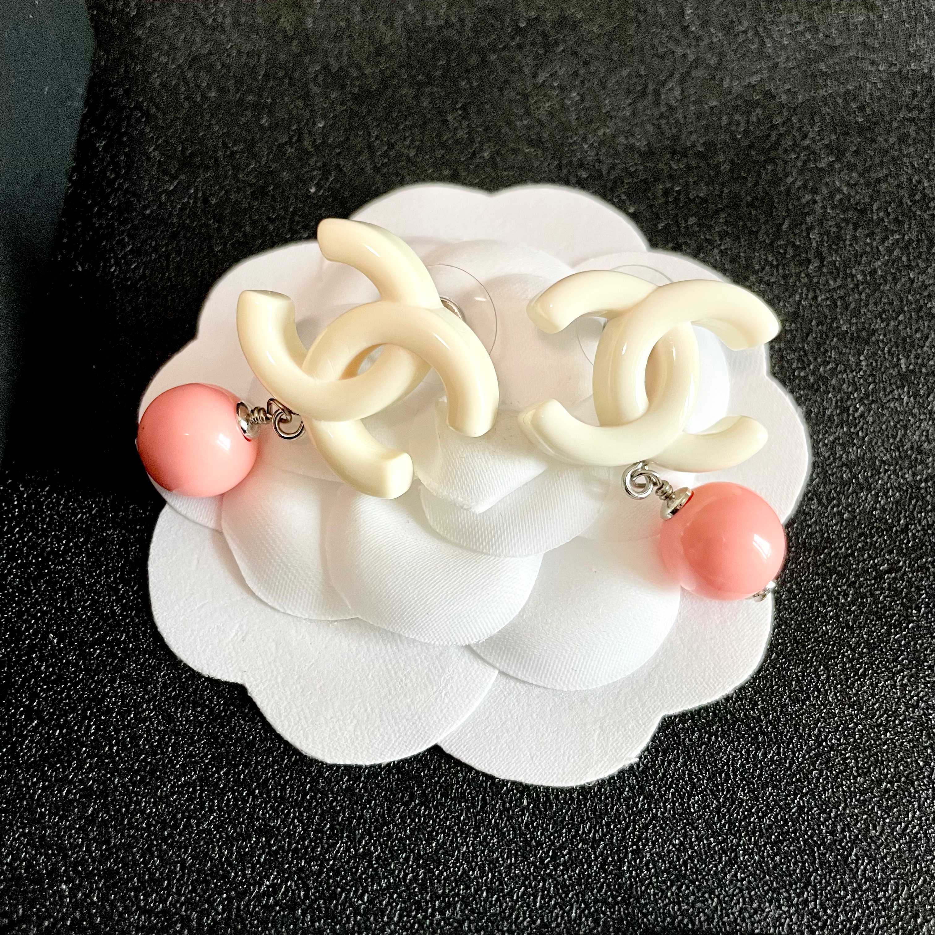Chanel CC Logo Drop Earrings earrings Cream white resin CC logo coral pink resin bead silver tone metal hardware One Size post style total drop length approx 2 5cm