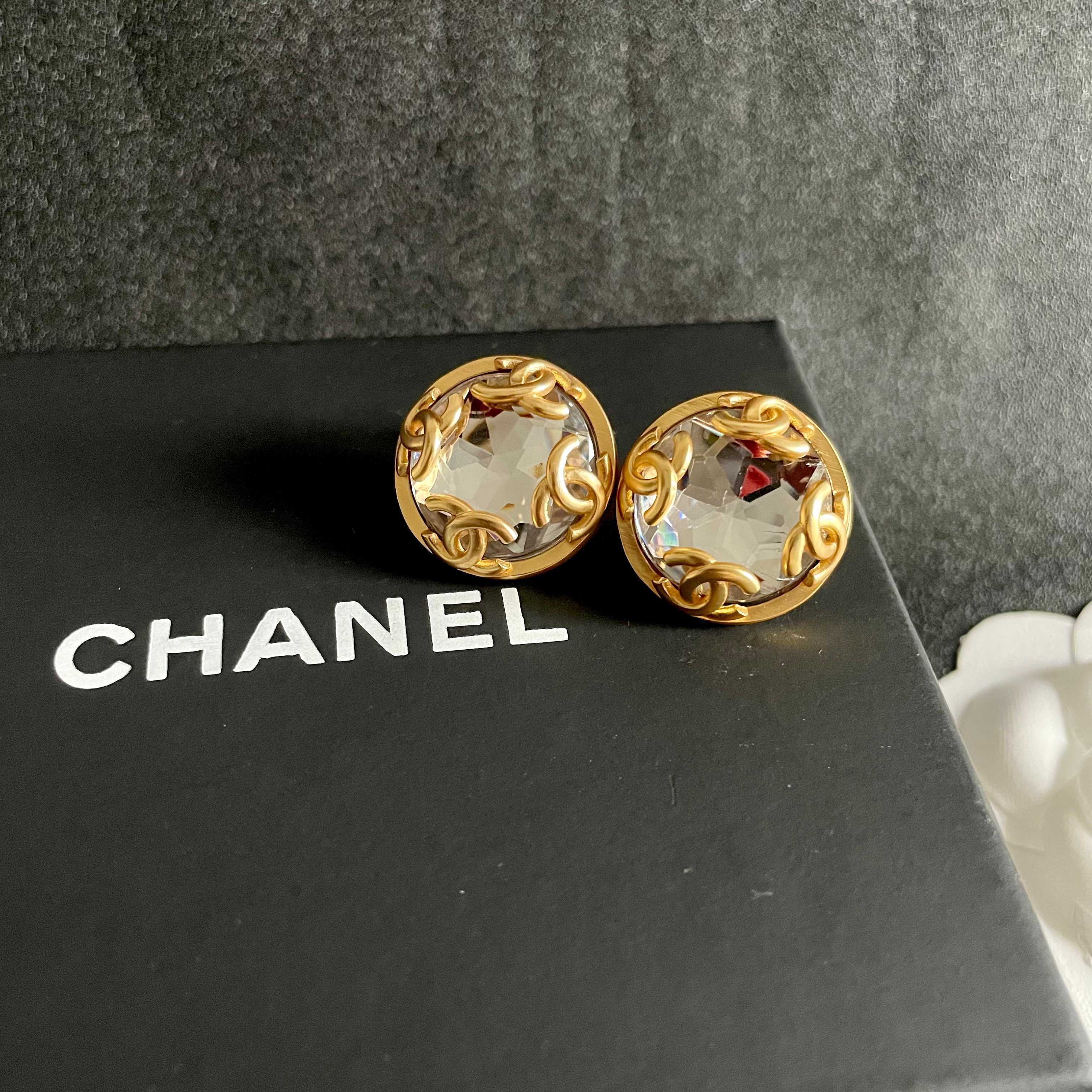 Chanel CC Logo Faceted Crystal Round Stud Earrings earrings Gold-tone metal with clear faceted crystal 2cm diameter
