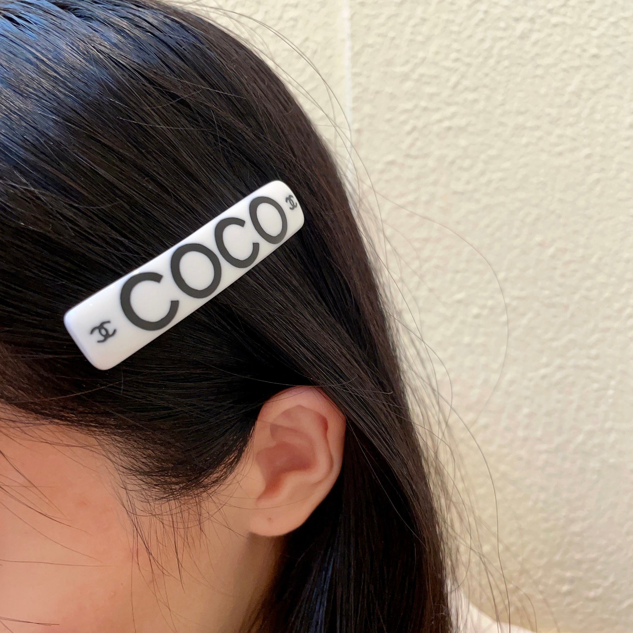 Chanel COCO brooch white base with black printed logos and lettering 6cm