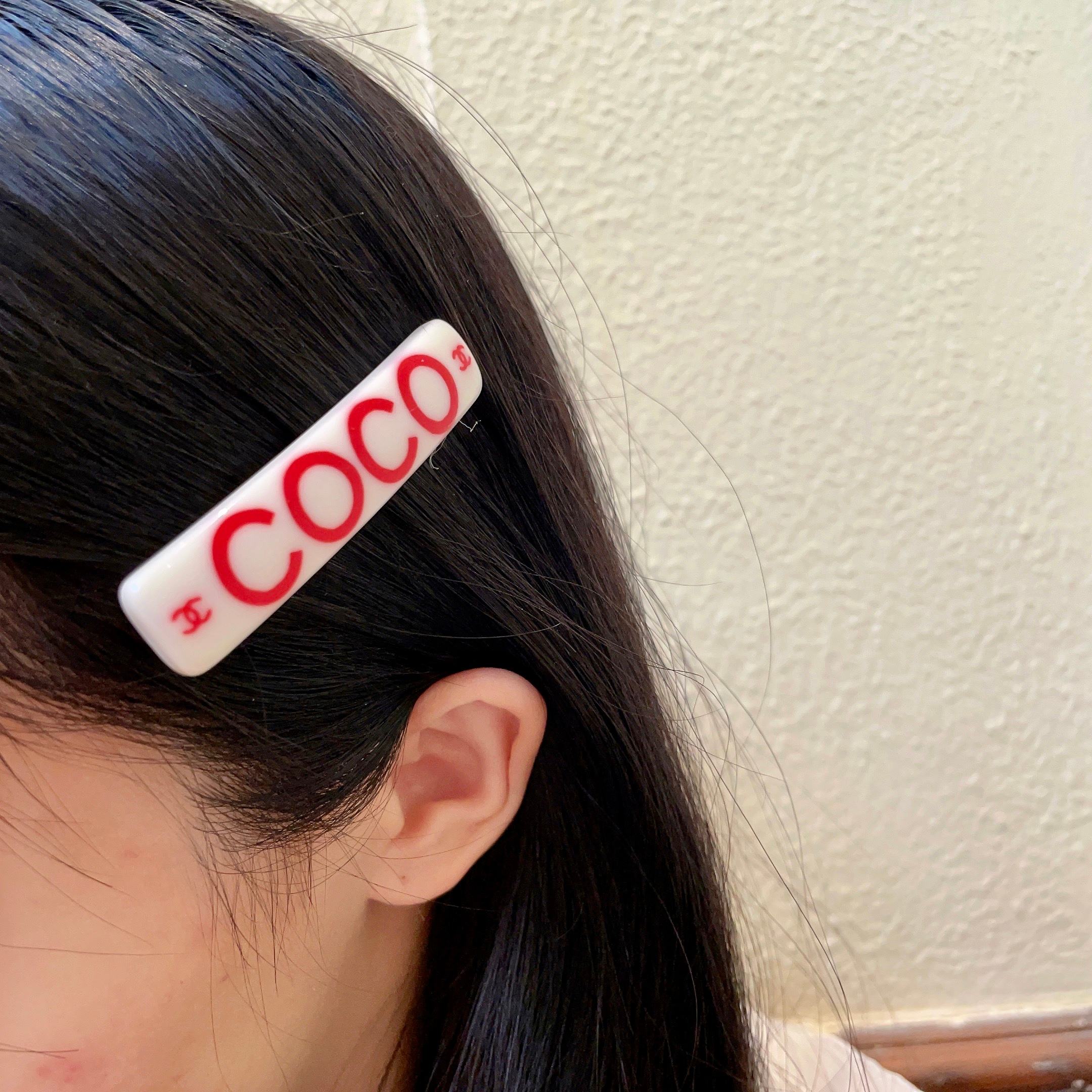 Chanel COCO brooch white base with red printed logos and text 6cm