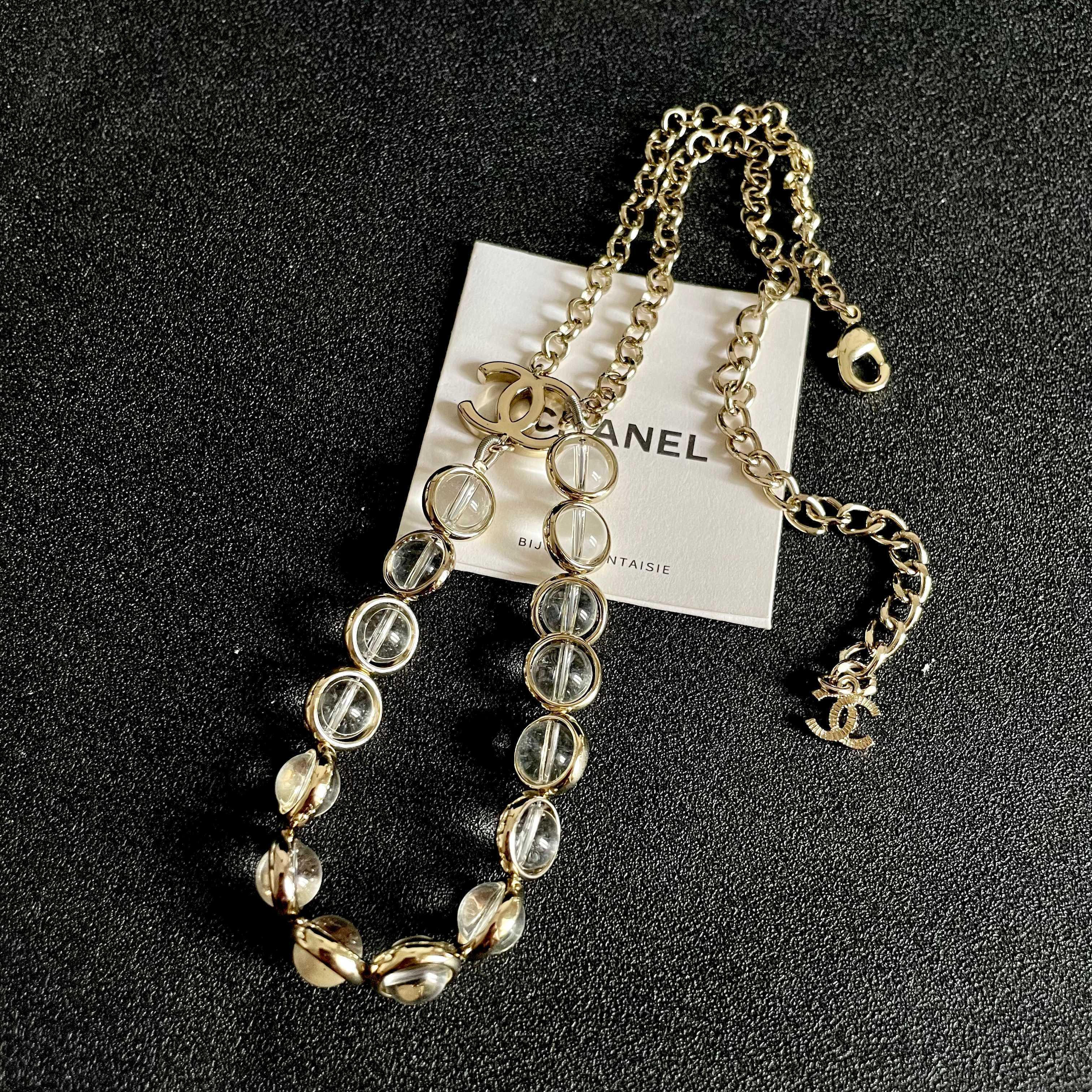 Chanel CC Logo Transparent Bead Choker necklace Light gold-tone metal with clear transparent resin beads 40cm