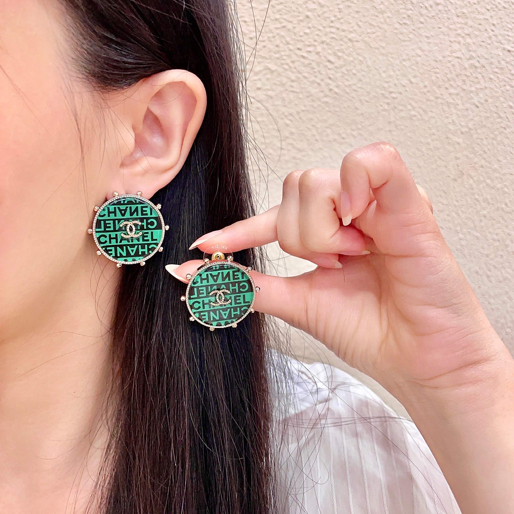 Chanel CC Logo Round Stud Earrings earrings Gold-tone metal with green and black enamel clear crystal accents 2 5cm diameter