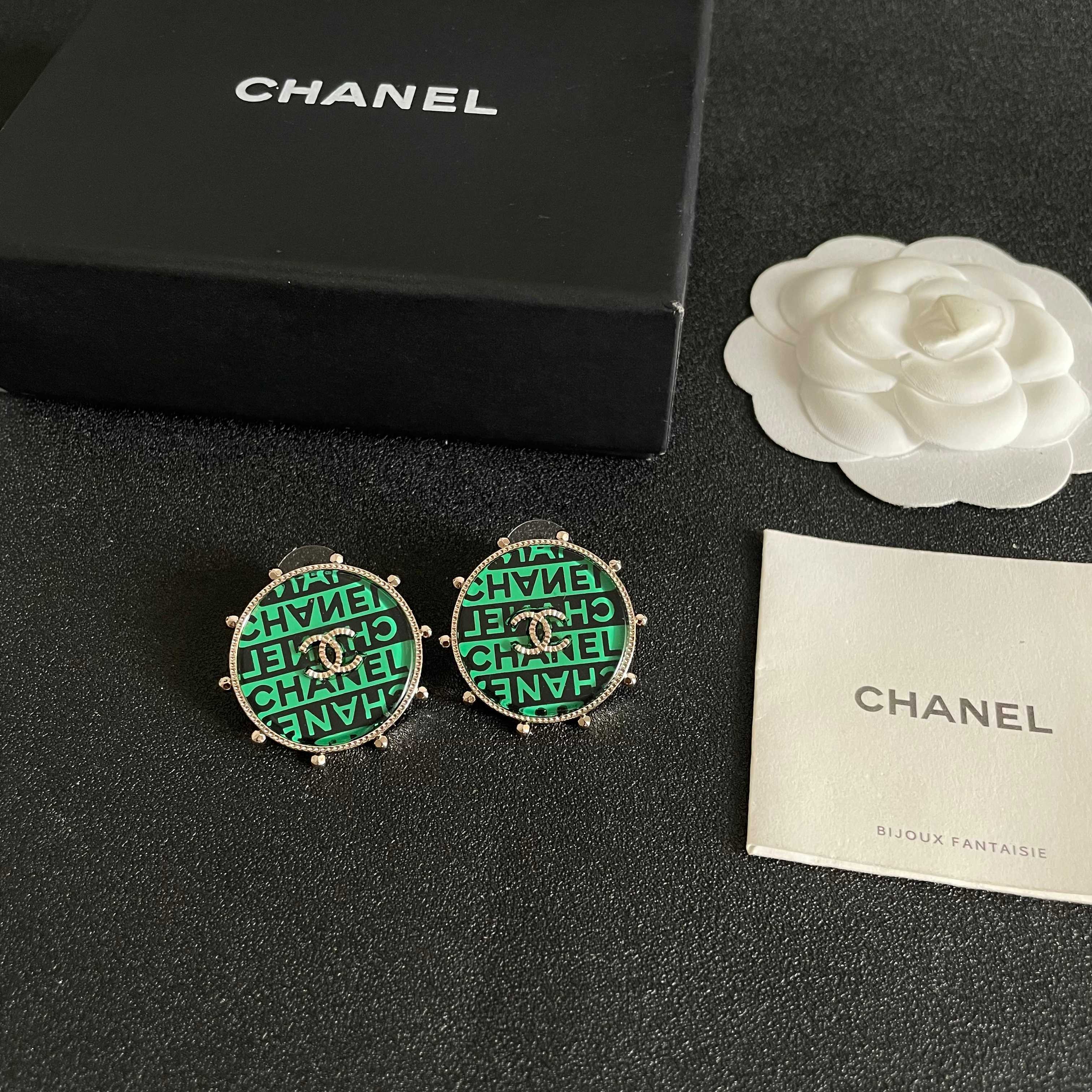 Chanel CC Logo Round Stud Earrings earrings Gold-tone metal with green and black enamel clear crystal accents 2 5cm diameter