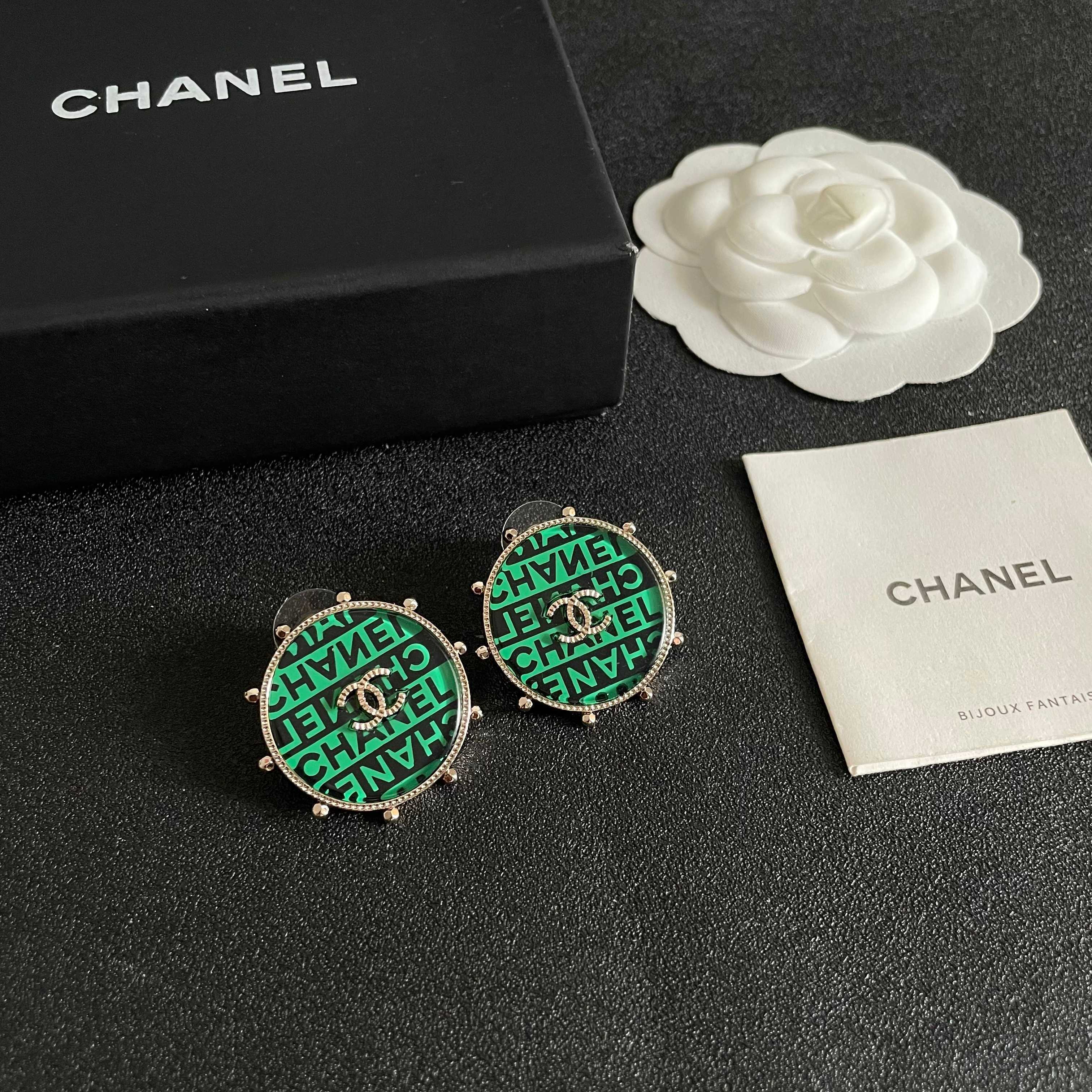 Chanel CC Logo Round Stud Earrings earrings Gold-tone metal with green and black enamel clear crystal accents 2 5cm diameter
