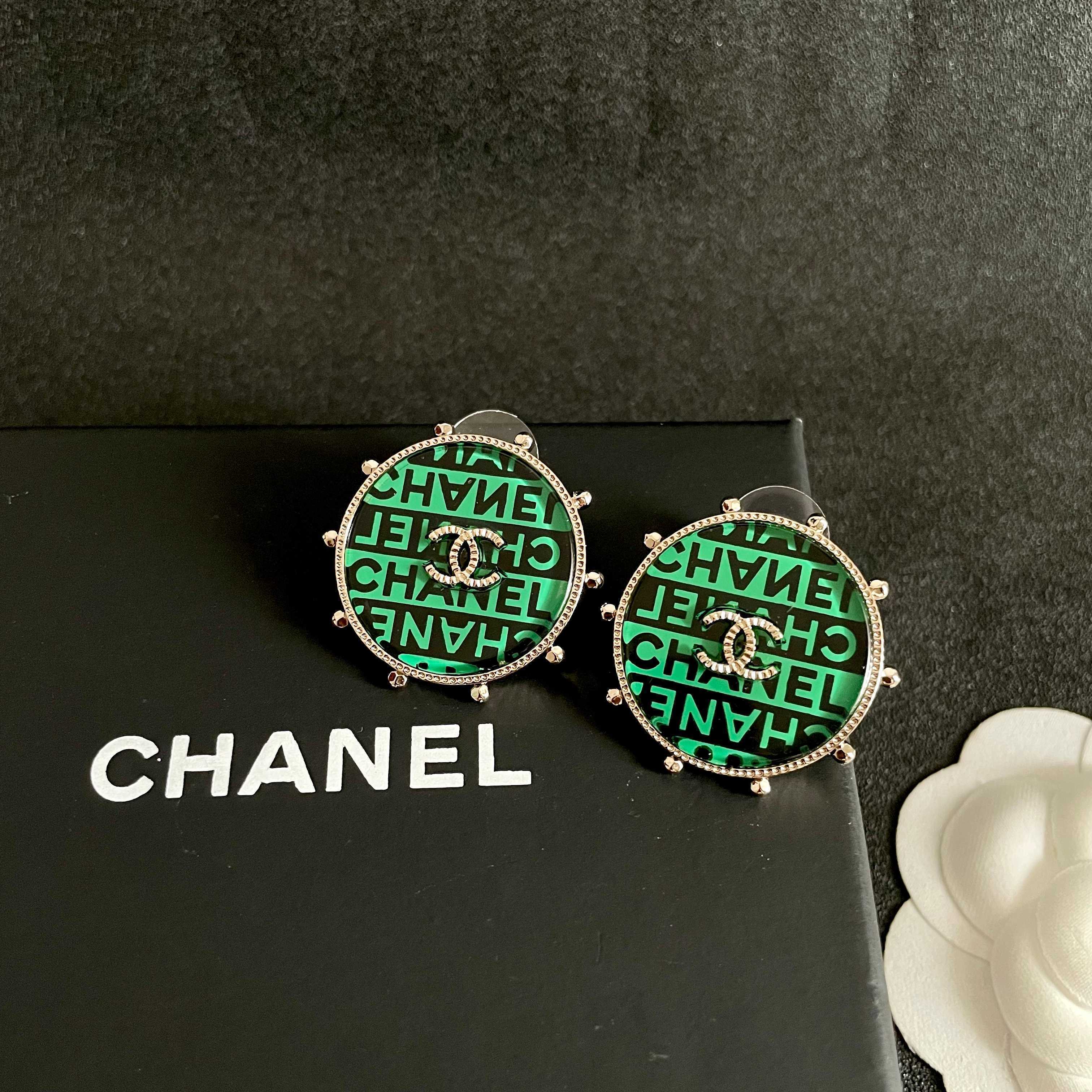 Chanel CC Logo Round Stud Earrings earrings Gold-tone metal with green and black enamel clear crystal accents 2 5cm diameter