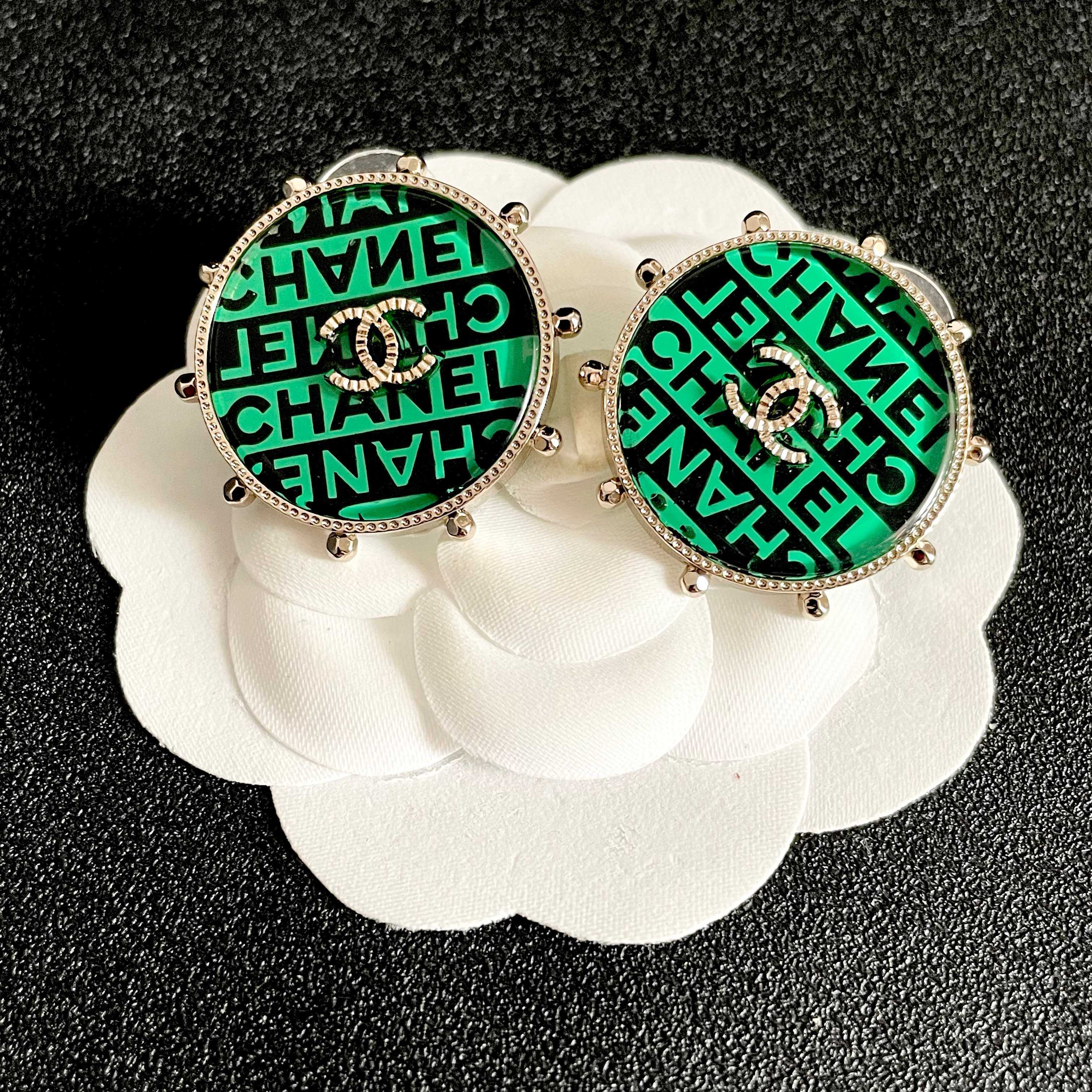Chanel CC Logo Round Stud Earrings earrings Gold-tone metal with green and black enamel clear crystal accents 2 5cm diameter