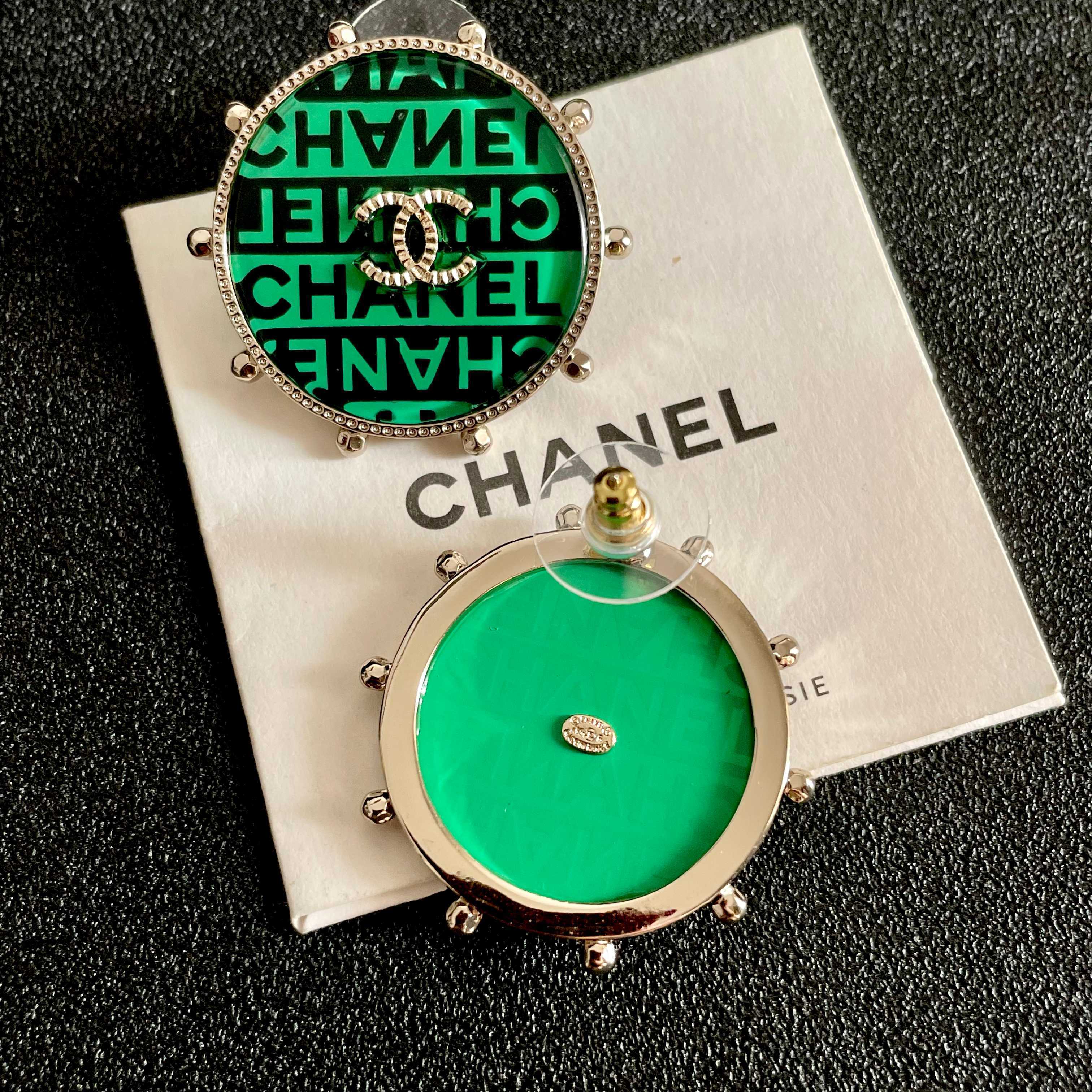 Chanel CC Logo Round Stud Earrings earrings Gold-tone metal with green and black enamel clear crystal accents 2 5cm diameter