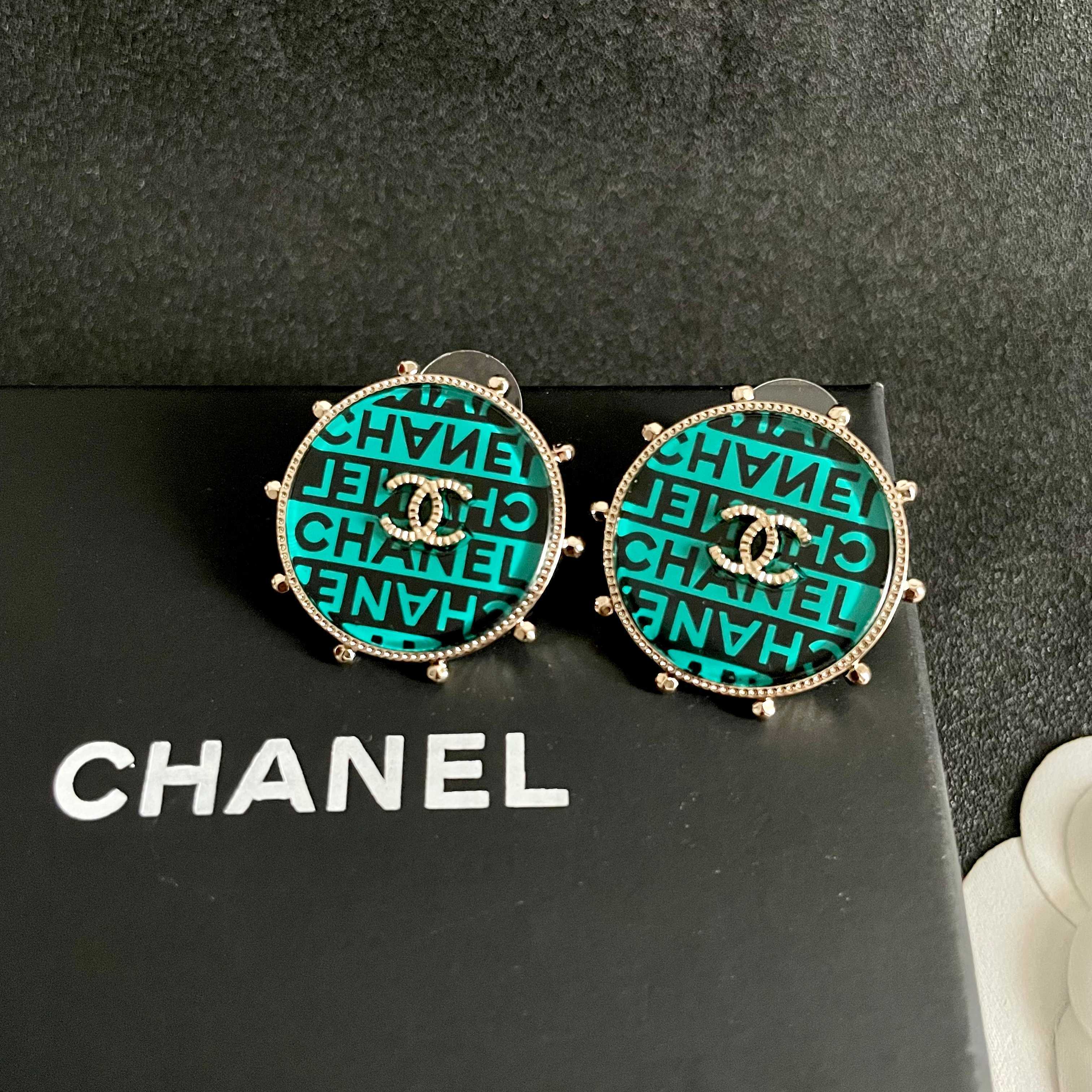 Chanel CC Logo Round Stud Earrings earrings Light gold-tone metal with turquoise and black enamel crystal-embellished interlocking CC logo 2 5cm diameter