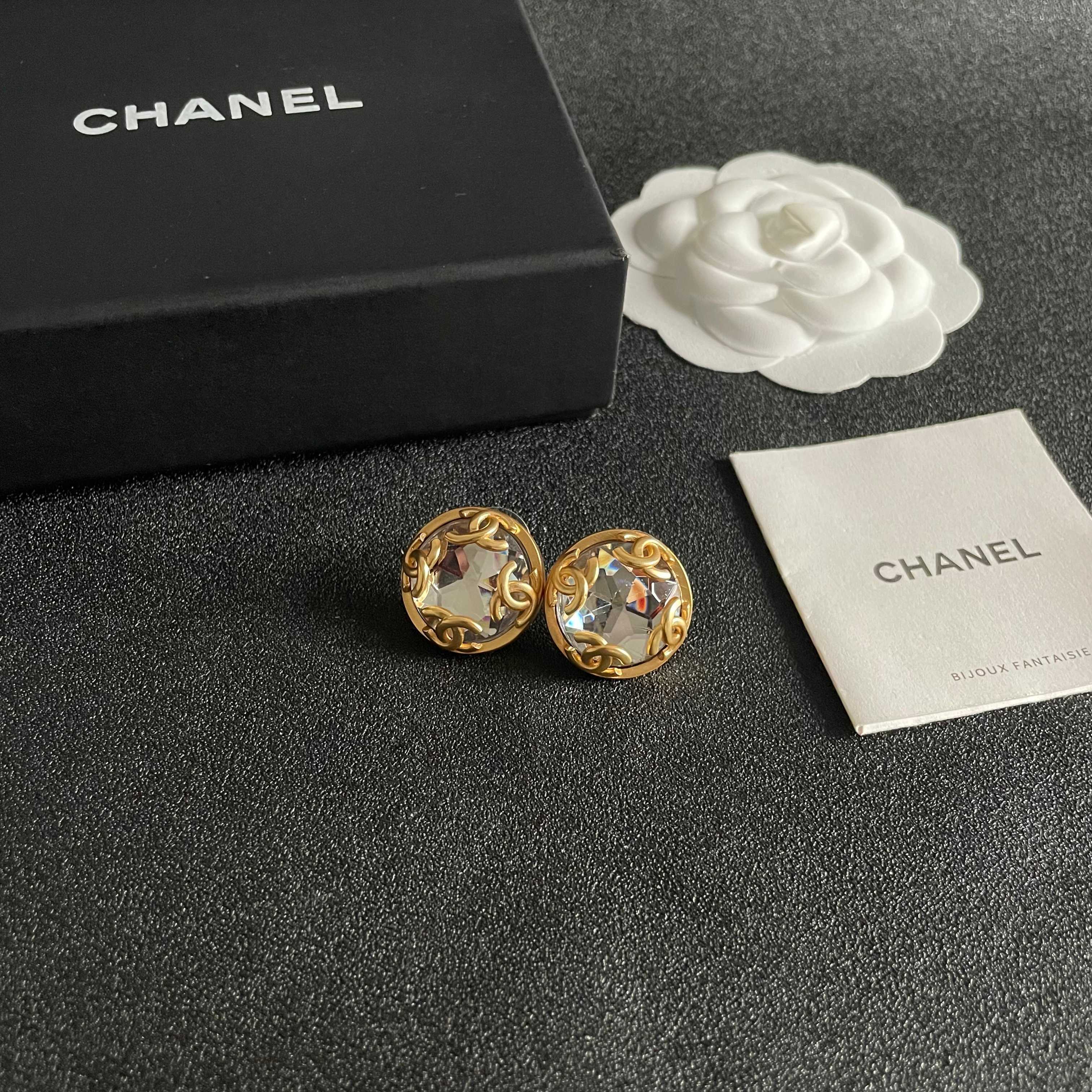 Chanel CC Logo Faceted Crystal Round Stud Earrings earrings Gold-tone metal with clear faceted crystal 2cm diameter