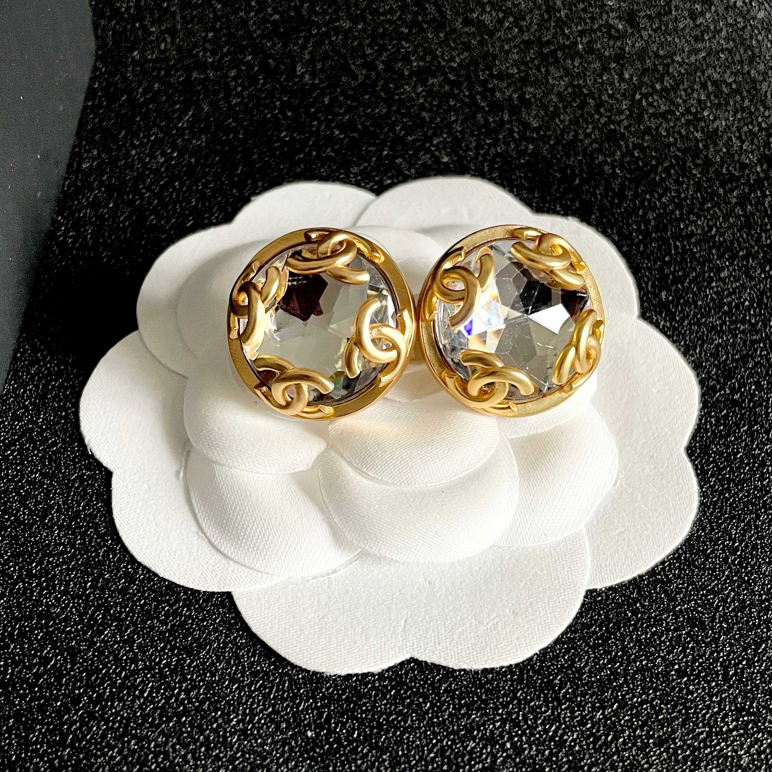 Chanel CC Logo Faceted Crystal Round Stud Earrings earrings Gold-tone metal with clear faceted crystal 2cm diameter