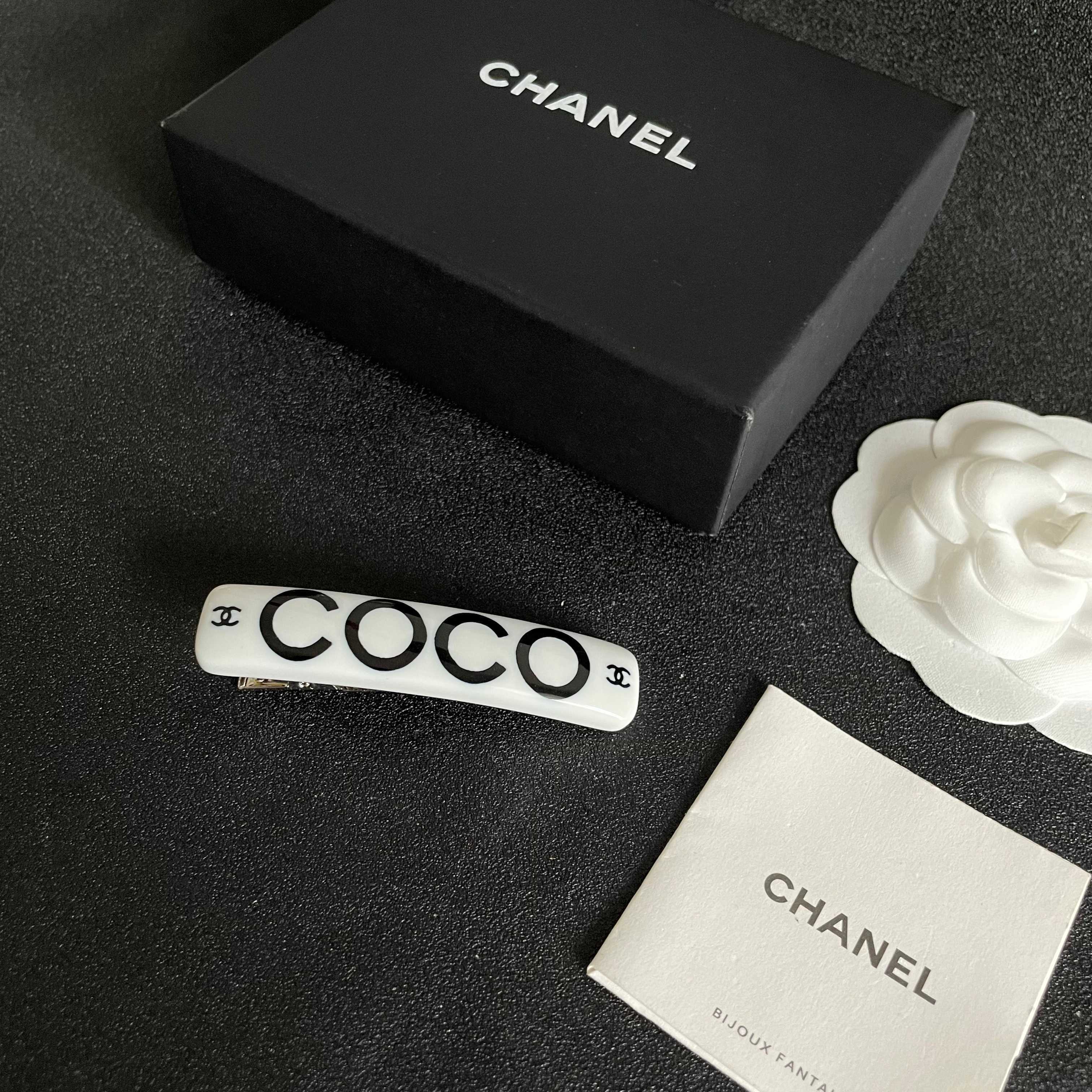 Chanel COCO brooch white base with black printed logos and lettering 6cm