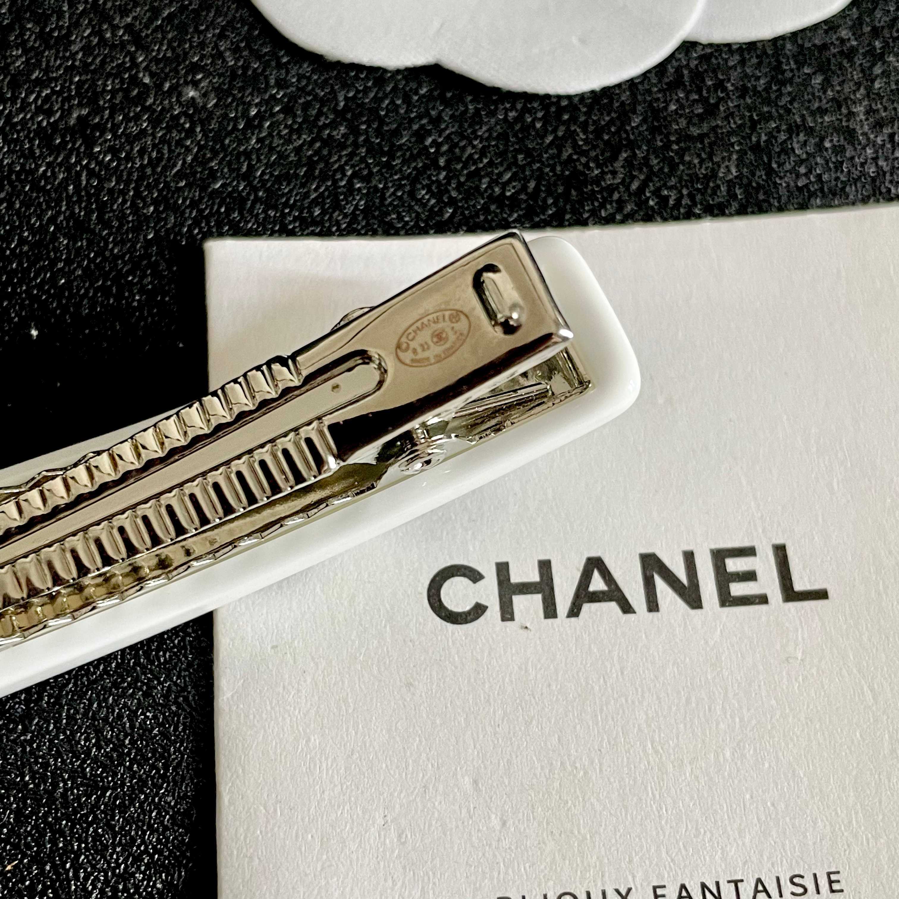 Chanel COCO brooch white base with black printed logos and lettering 6cm