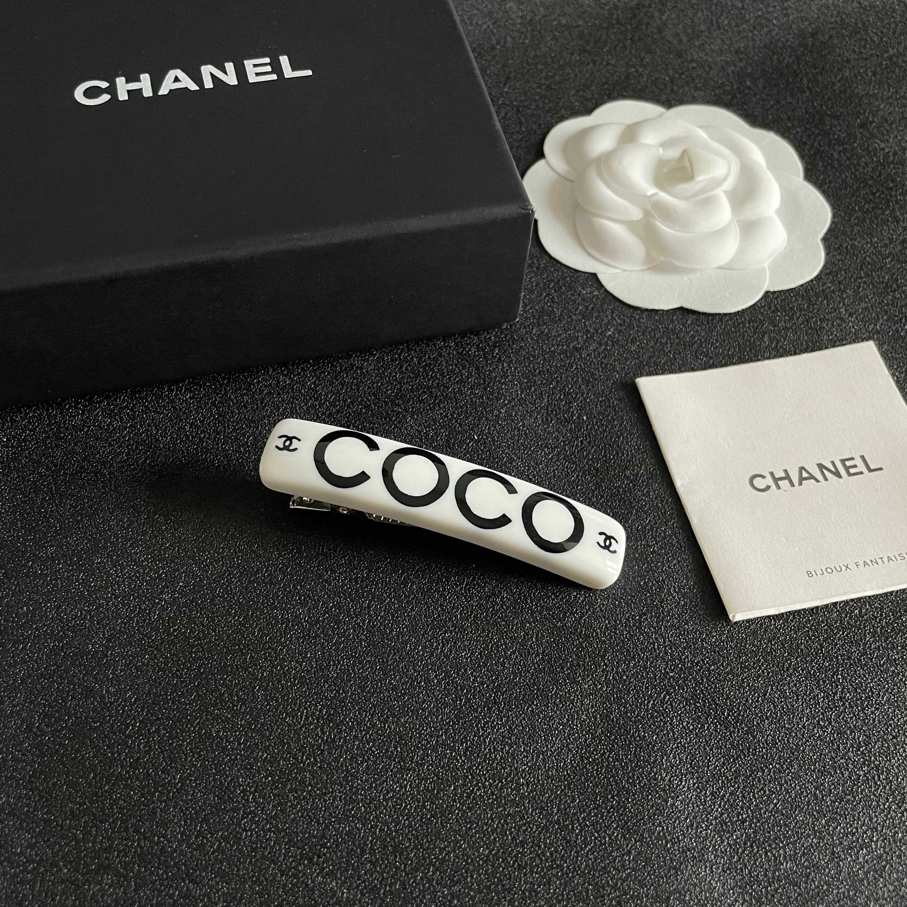 Chanel COCO brooch white base with black printed logos and lettering 6cm