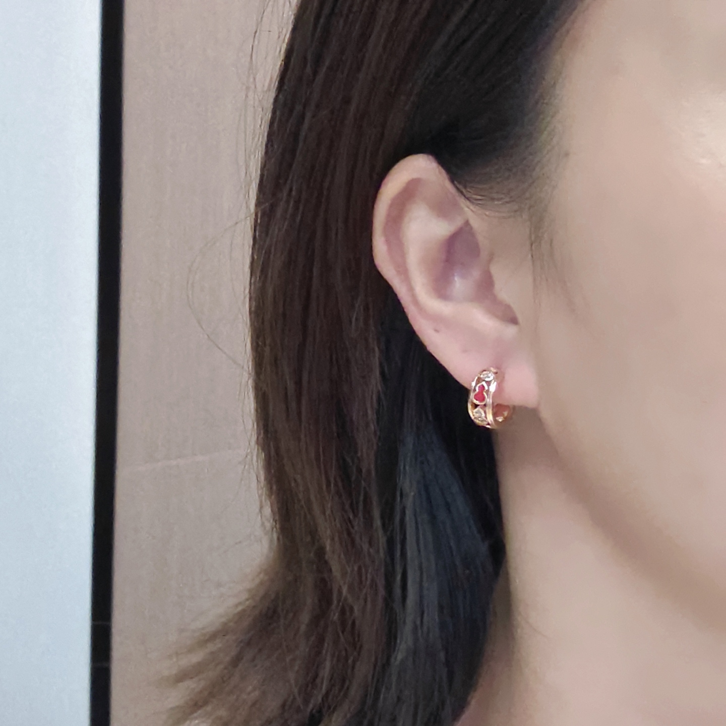 Qeelin Wulu earrings gold-tone metal red enamel clear diamond simulants 10mm hoop diameter