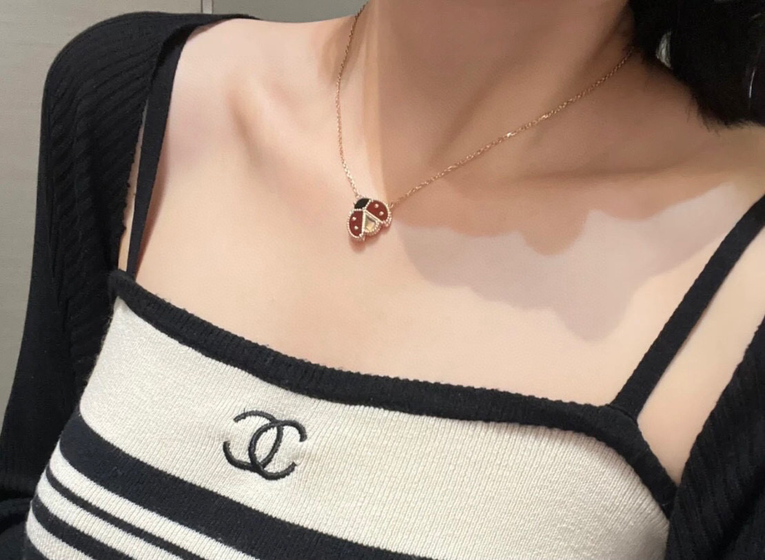 Van Cleef Arpels Collana Lucky Spring Ladybug Metallo oro rosa con corniola rossa e accenti di onice nero 42 cm
