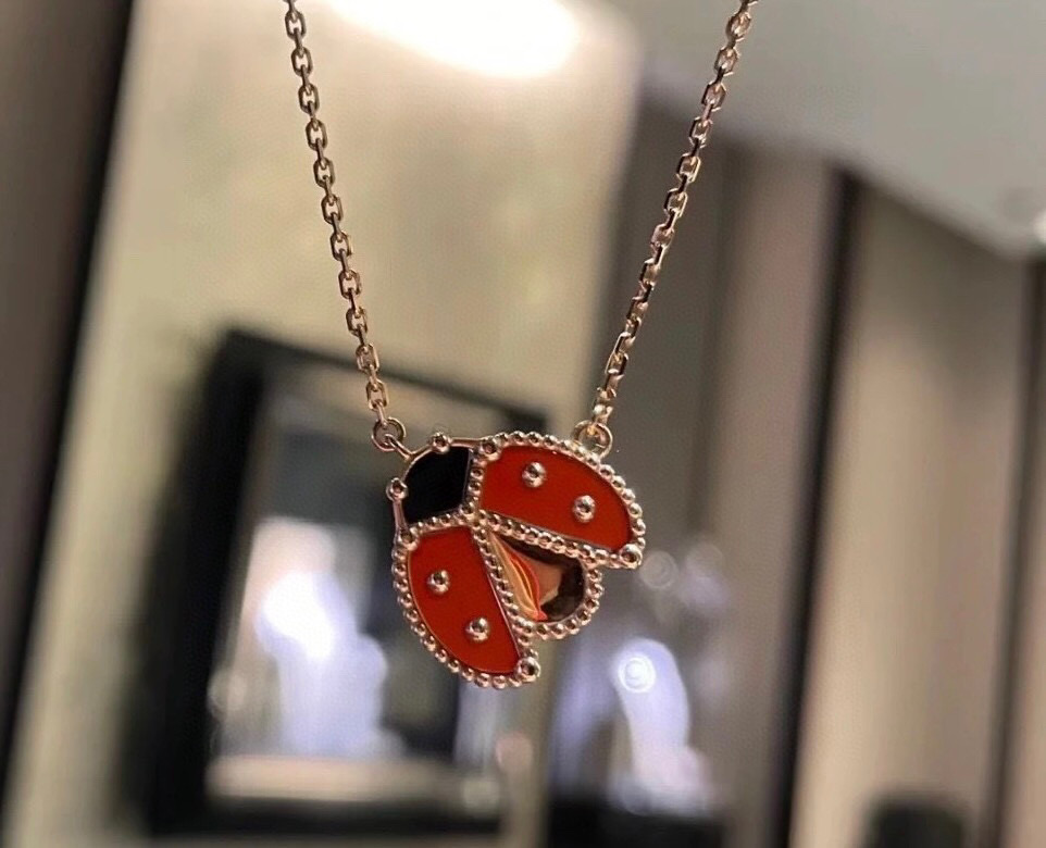 Van Cleef Arpels Collana Lucky Spring Ladybug Metallo oro rosa con corniola rossa e accenti di onice nero 42 cm