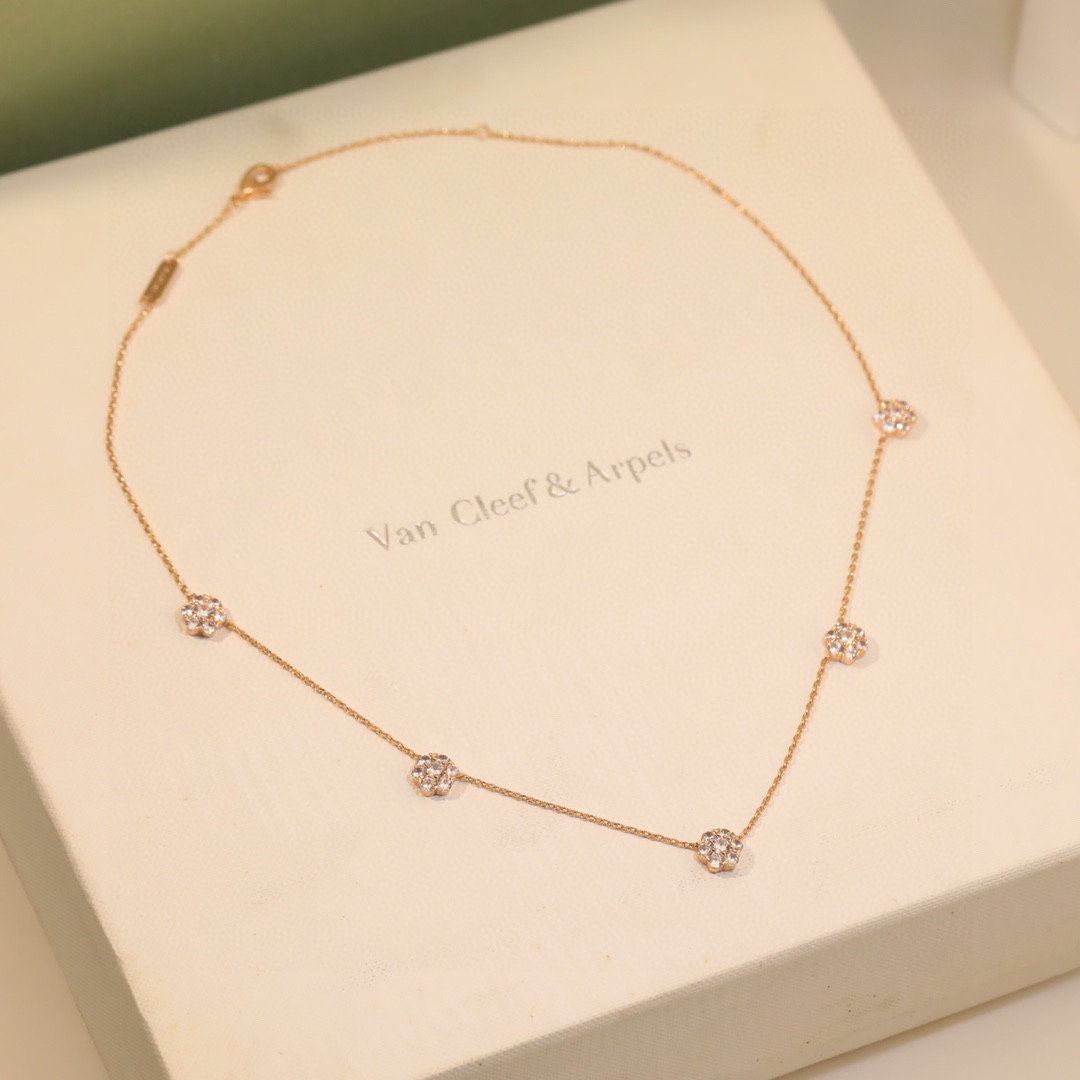 Van Cleef Arpels Fleurette necklace 18k rose gold with clear diamonds 18k white gold with clear diamonds 42cm