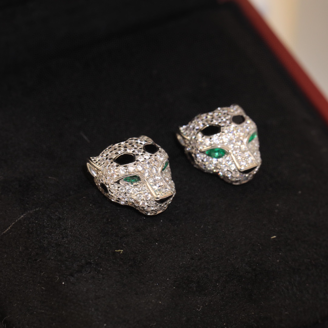 Cartier Panthere de Cartier earrings 18k yellow gold with pave diamonds emerald eyes black onyx accents 8mm stud diameter