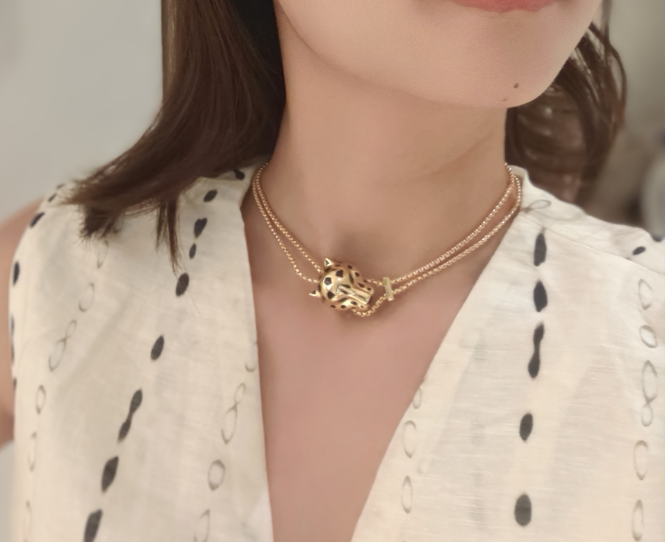 Cartier Panthere de Cartier necklace 18k yellow gold black lacquer green tsavorite garnet diamond accents 42cm