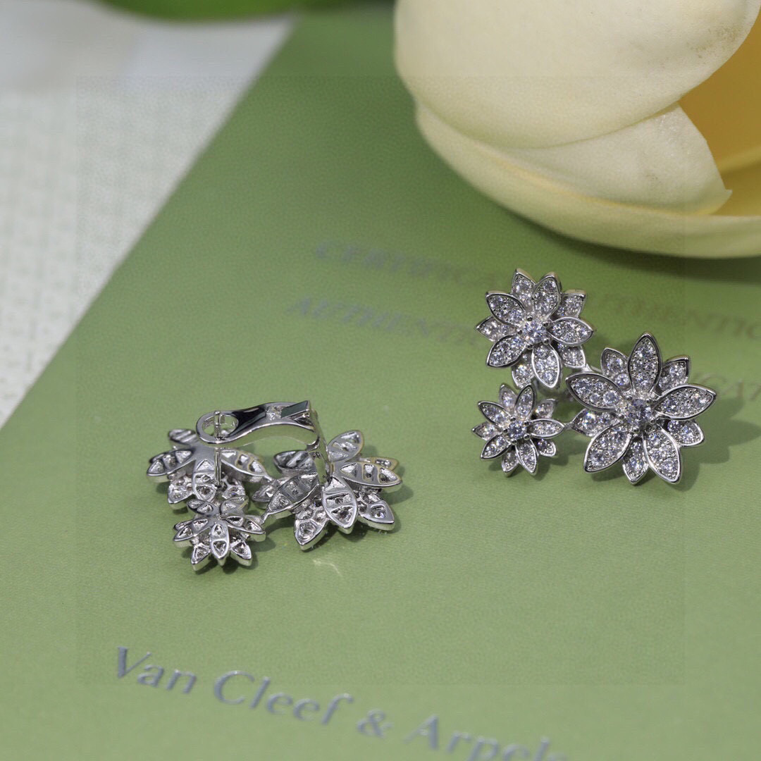 Van Cleef Arpels Lotus earrings 18k white gold diamond 16mm width per earring