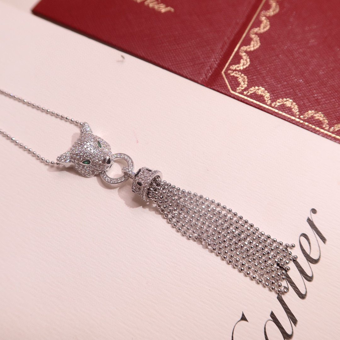 Cartier Panthere de Cartier Tassel Pendant Necklace necklace Rose gold paved with diamonds emerald eyes black onyx nose accents 42cm