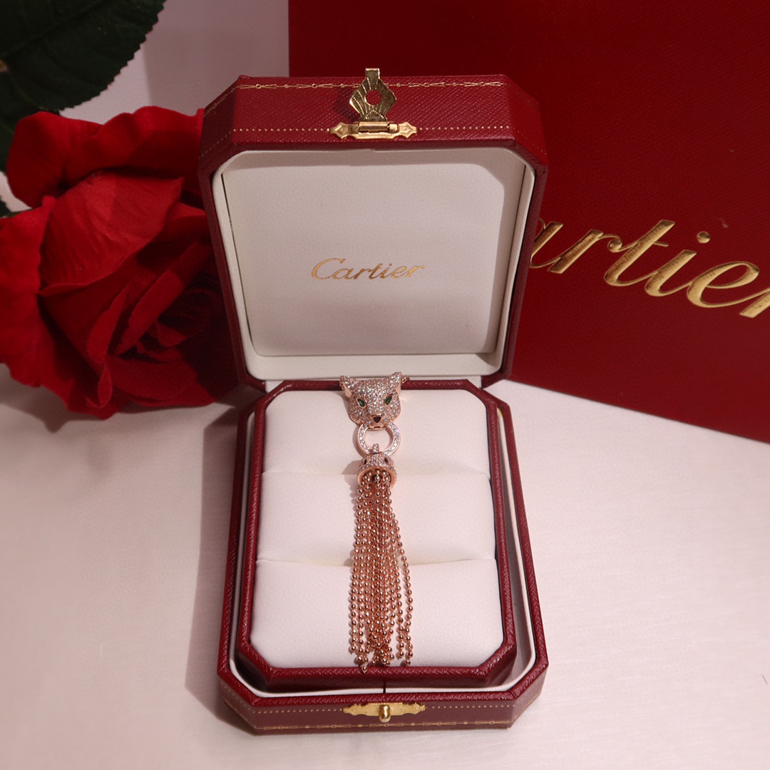 Cartier Panthere de Cartier Tassel Pendant Necklace necklace Rose gold paved with diamonds emerald eyes black onyx nose accents 42cm