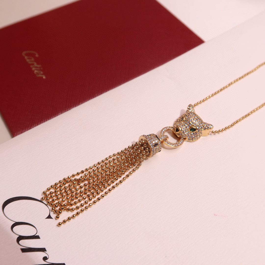 Cartier Panthere de Cartier Tassel Pendant Necklace necklace Rose gold paved with diamonds emerald eyes black onyx nose accents 42cm