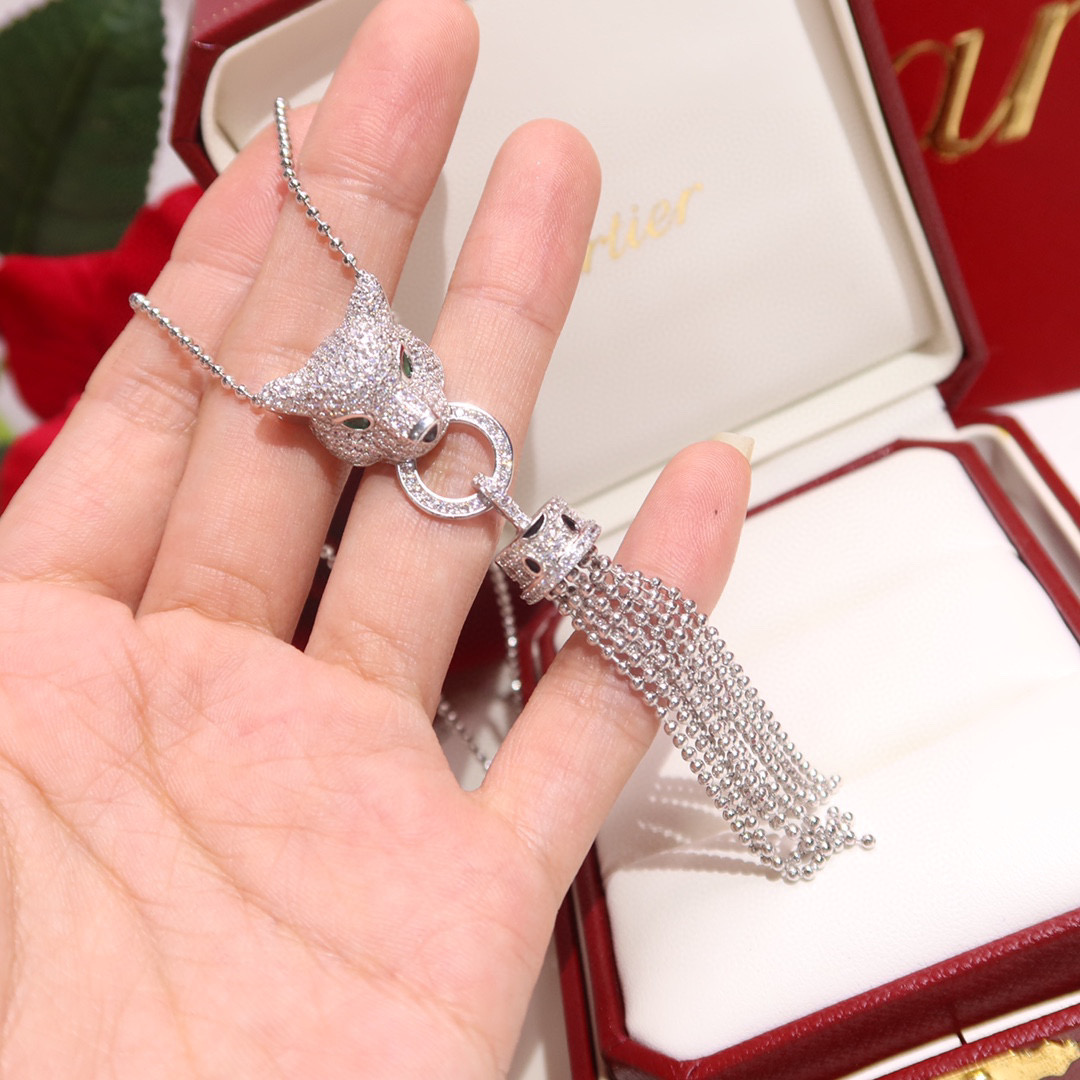 Cartier Panthere de Cartier Tassel Pendant Necklace necklace Rose gold paved with diamonds emerald eyes black onyx nose accents 42cm
