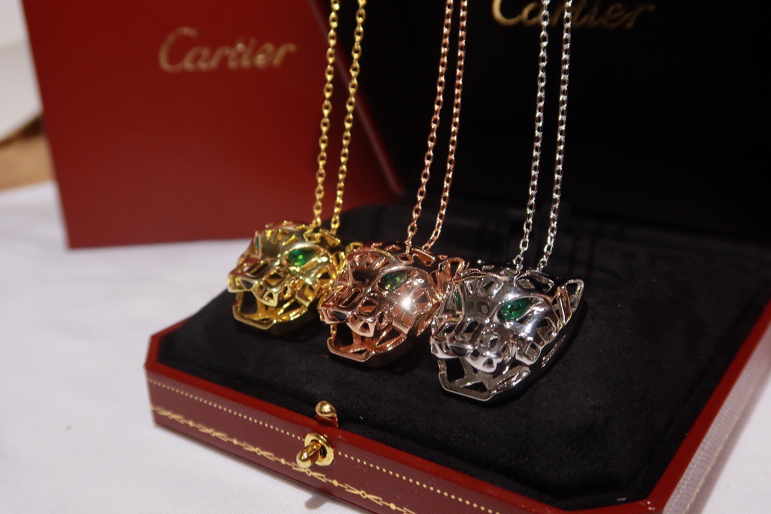 Cartier Panthere de Cartier Skeleton Panther Head necklace 18k white gold yellow gold rose gold with green gemstone eyes 60 5cm