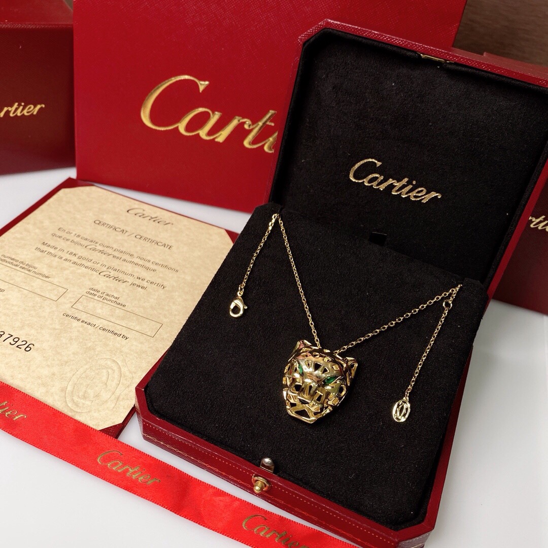 Cartier Panthere de Cartier Skeleton Panther Head necklace 18k white gold yellow gold rose gold with green gemstone eyes 60 5cm