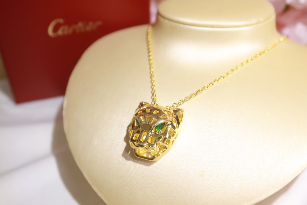 Cartier Panthere de Cartier Skeleton Panther Head necklace 18k white gold yellow gold rose gold with green gemstone eyes 60 5cm